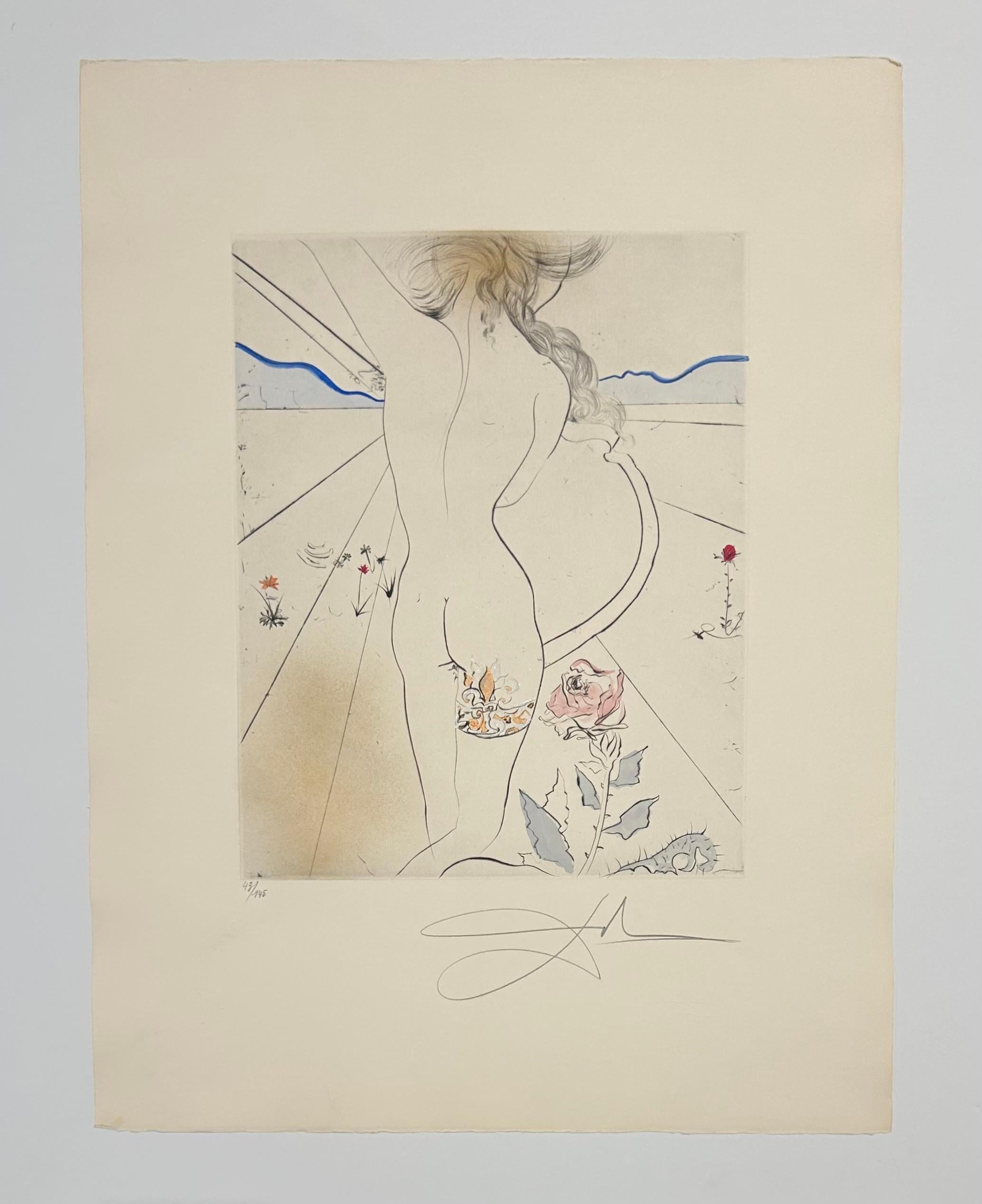 Artist: Salvador Dali
Title: Woman with the garter
Portfolio: The Hippies
Medium: Color etching on Arches wove paper
Date: 1969
Edition: 43/145
Frame Size: 31