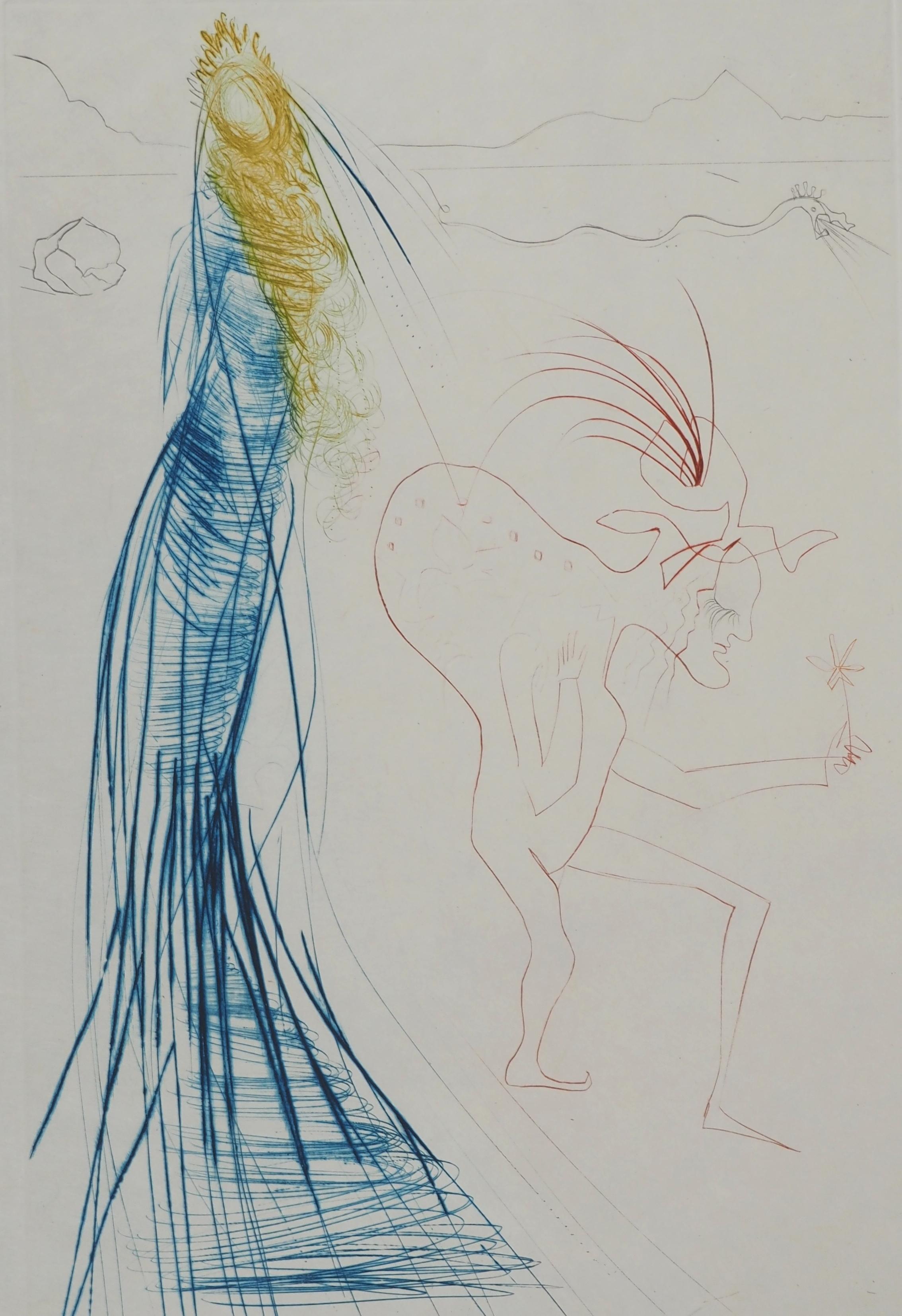 You girl with a Surrealist Dwarf - Gravure originale signée de la main de l'auteur (champ #70-10 H) - Surréalisme Print par Salvador Dalí