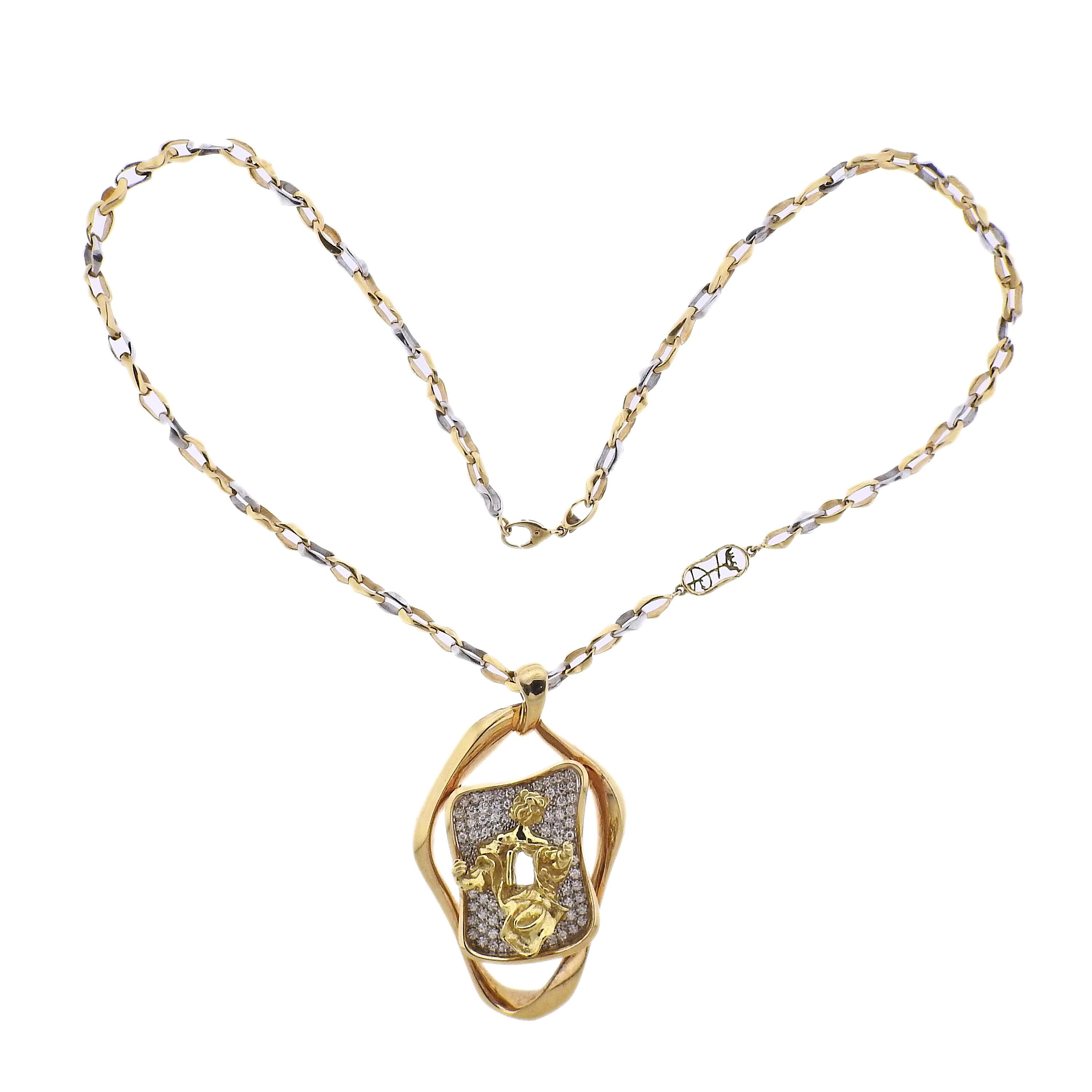 Rare limited edition 18k gold pendant necklace by Salvador Dali, Number 5 of 6 made. With approx. 1.80ctw H/VS diamonds. Necklace is 21.5