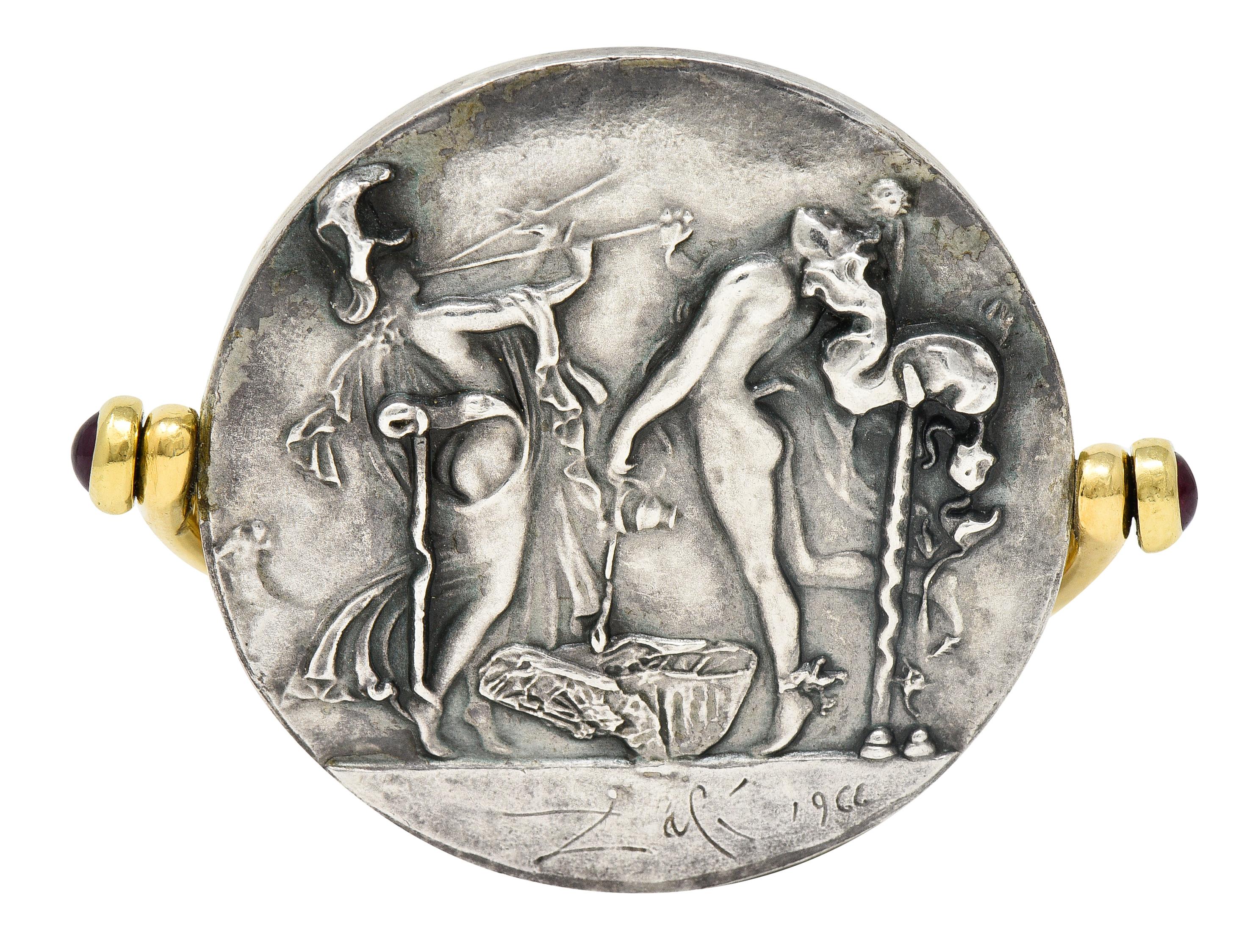Salvador Dali Ruby 18 Karat Gold Silver Dionysus Athena Flip Coin Pendant In Excellent Condition In Philadelphia, PA