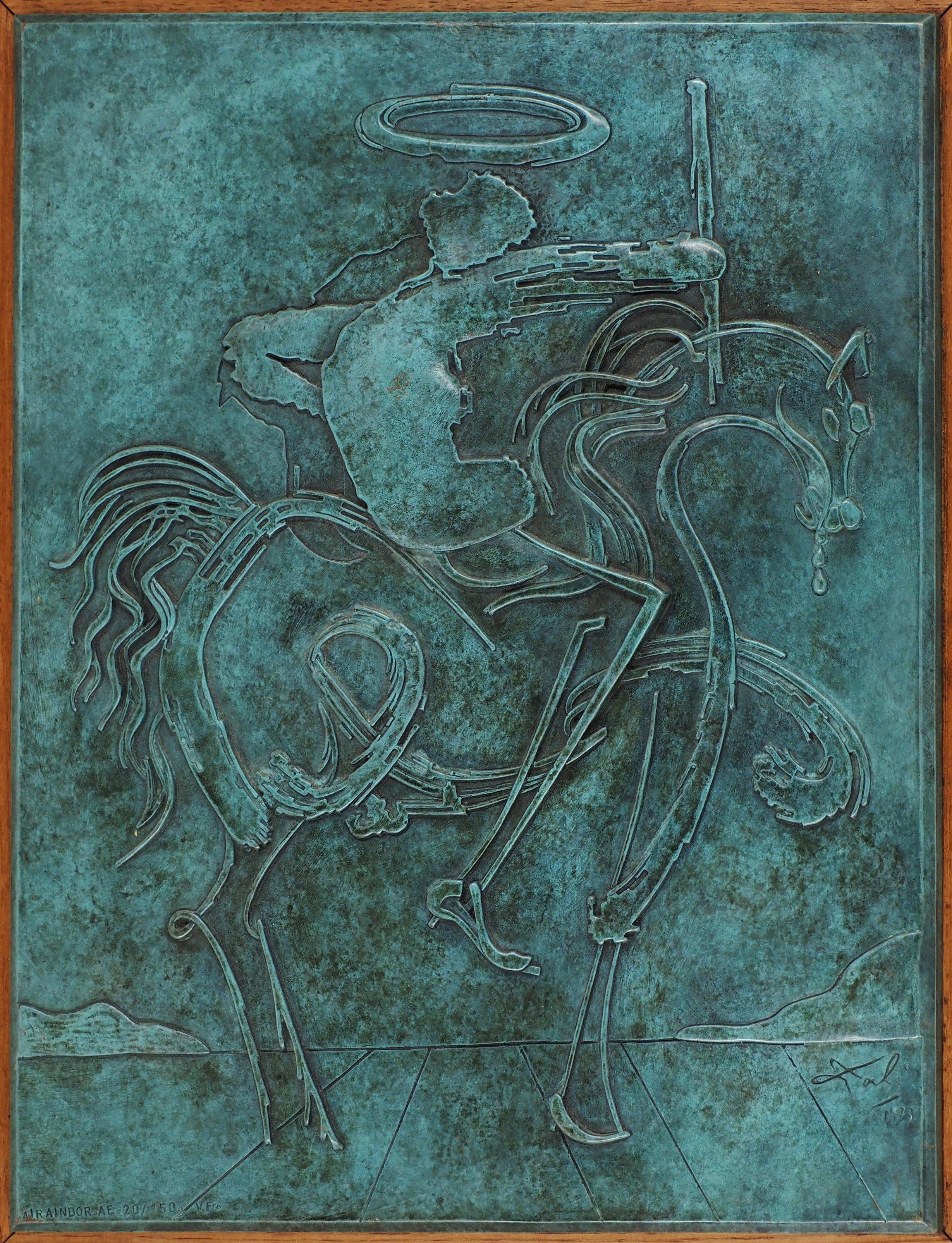 Salvador Dali
Black Horseman, 1977

Original bronze sculpture (lost wax technic)
Signed and dated in the sculpture
Numbered / 150
Bearing the founder stamp (Airaindor)
Bronze c. 46 x 36 cm (c. 18 x 14 in)
Presented in wood frame 62 x 52 cm (c. 25 x