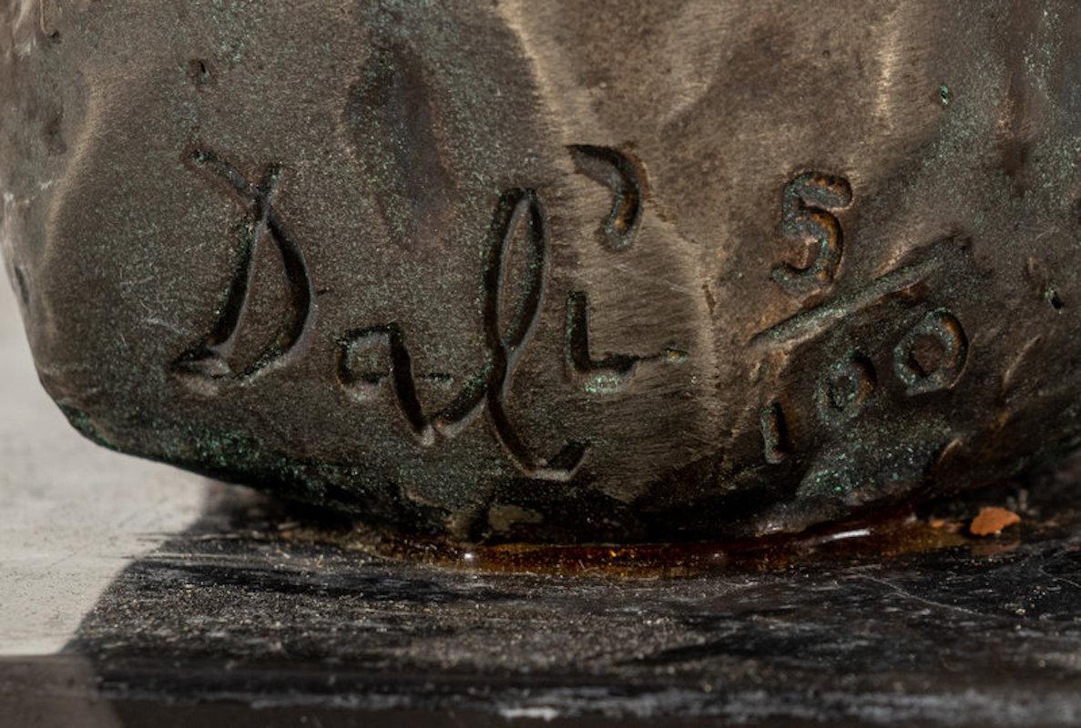 Es handelt sich um eine Bronzeskulptur mit brauner Patina.  Die Auflagenhöhe beträgt 5/100.  Es ist am unteren rechten Rand mit Dali beschriftet und nummeriert.  Referenz: Sculptures & Objects The Hard and The Soft von Robert & Nicholas Descharnes