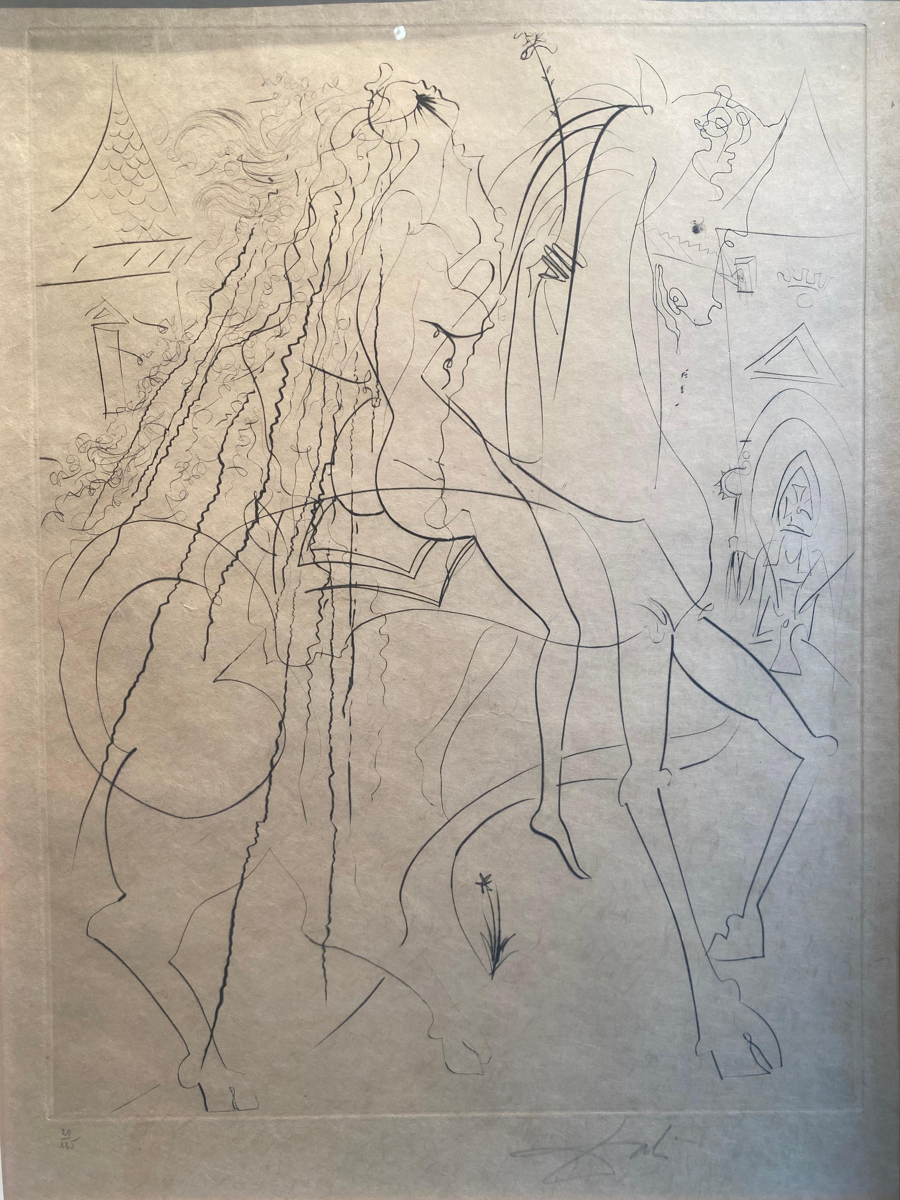 "Lady Guidivar" est une rare gravure originale de 1969 de Salvador Dalí. Elle représente dame Guidivar montée nue sur un cheval.  Signé en bas à gauche et numéroté en bas à droite.  L'œuvre est en excellent état et est présentée derrière un