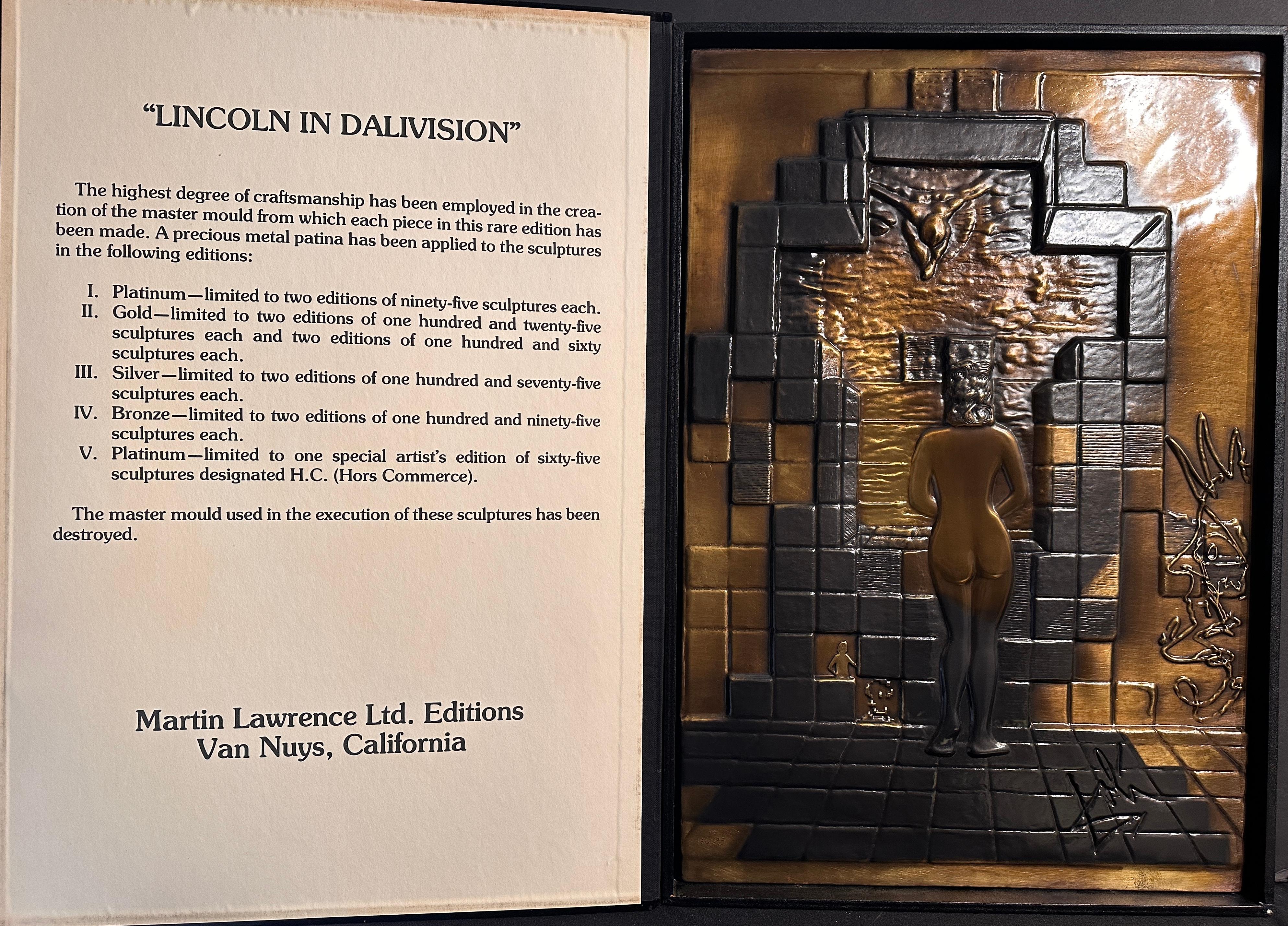 ARTIST: Salvador Dali

TITLE: Lincoln in Dalivision Bronze Bas Relief with original Black Velvet Portfolio Box

MEDIUM: Bas Relief 

SIGNED: Not hand signed.  The Bas Relief bears the artist signature toward the left side as it appears in the