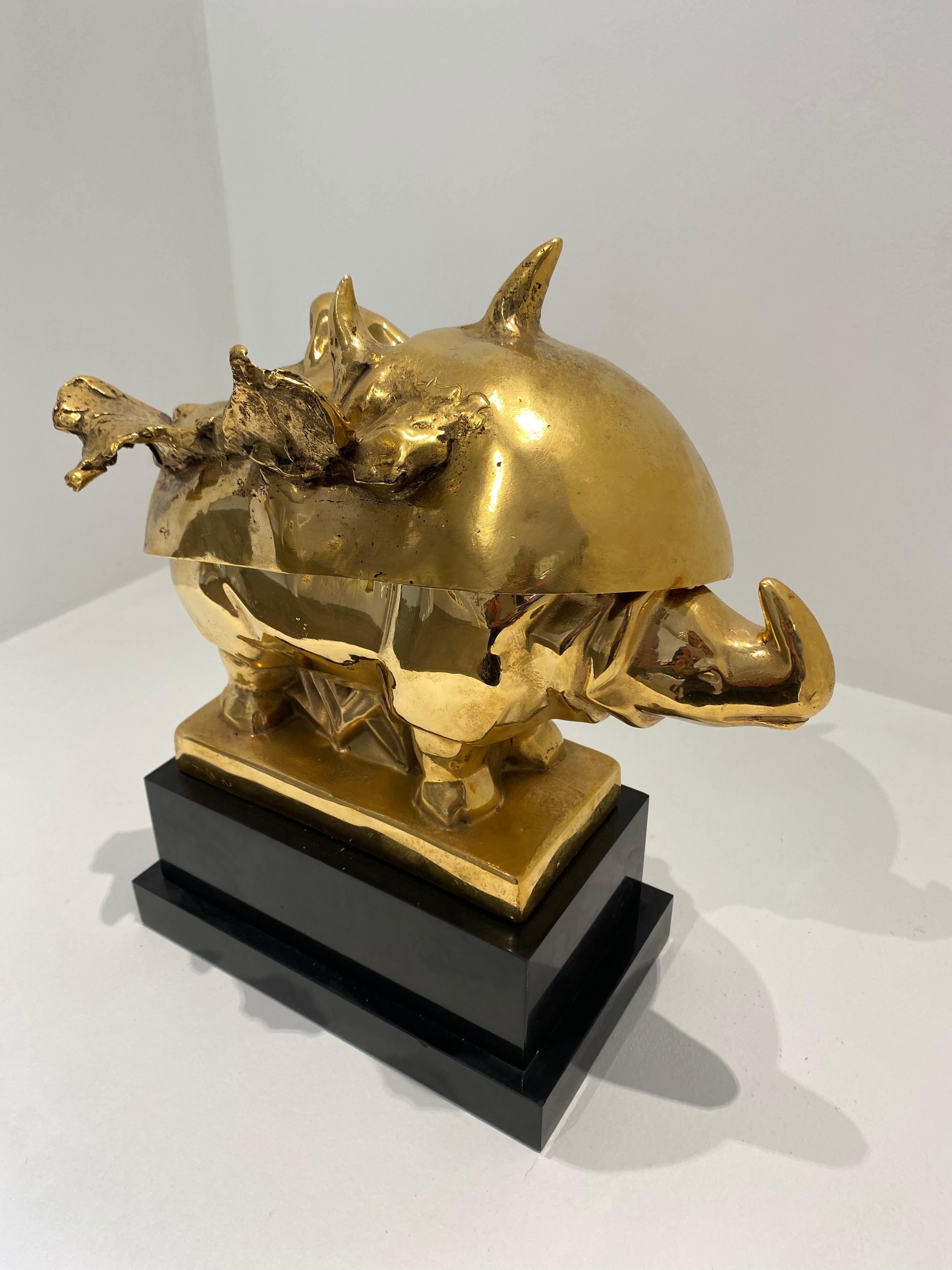 Masque de Napoléon sur un Rhinocéros, Sculpture, Dali, Gold, Animals, Bronze For Sale 1