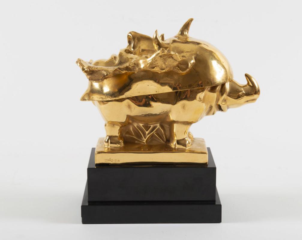 Masque de Napoléon sur un Rhinocéros, Sculpture, Dali, Or, Animaux, Bronze
