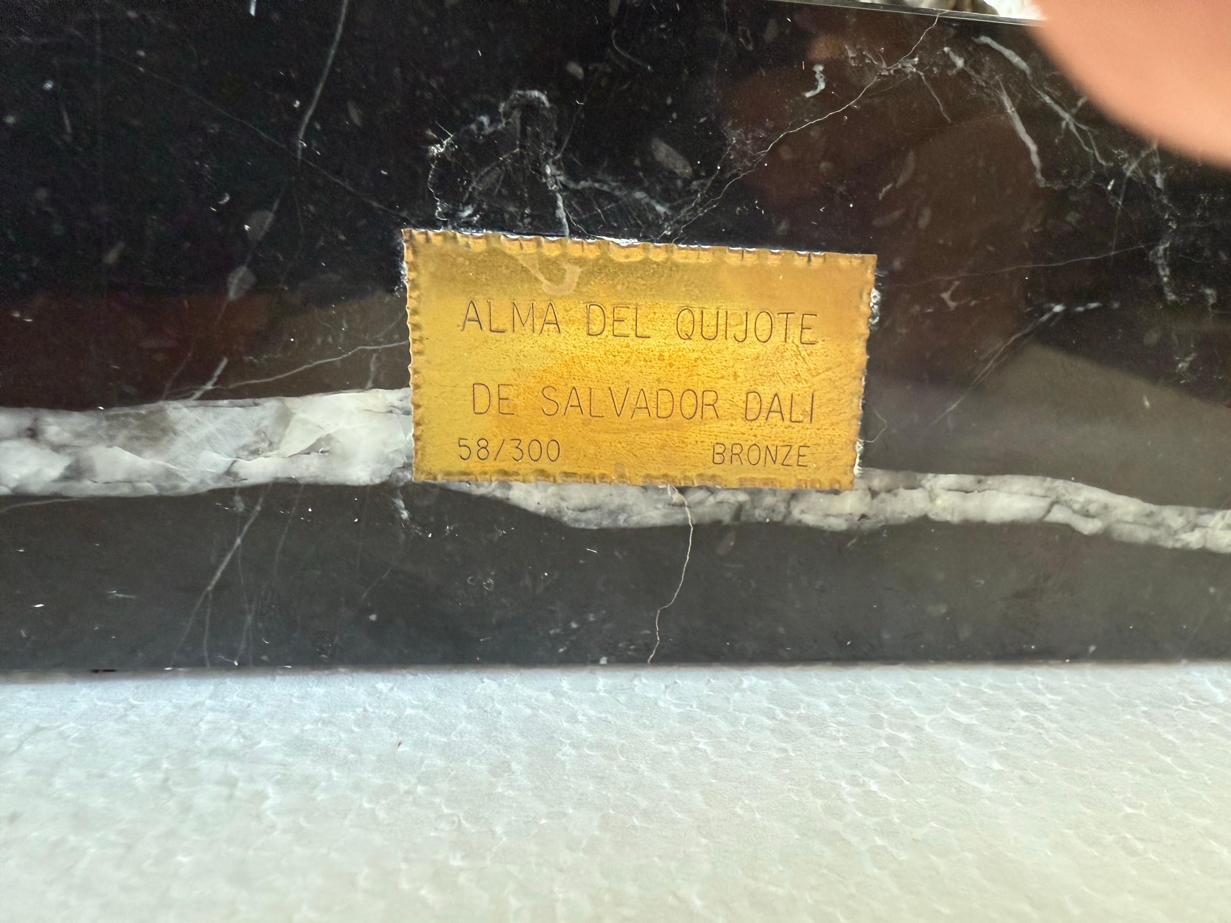 Salvador Dali (1904-1989) – 
Surrealist bronze sculpture by Salvador Dalí depicting an interpretation of the soul of Don Quiote. The sculpture is mounted on a black, marble stone base. 
Edition number: 58/300.
Title: Alma des Quijote - also known as