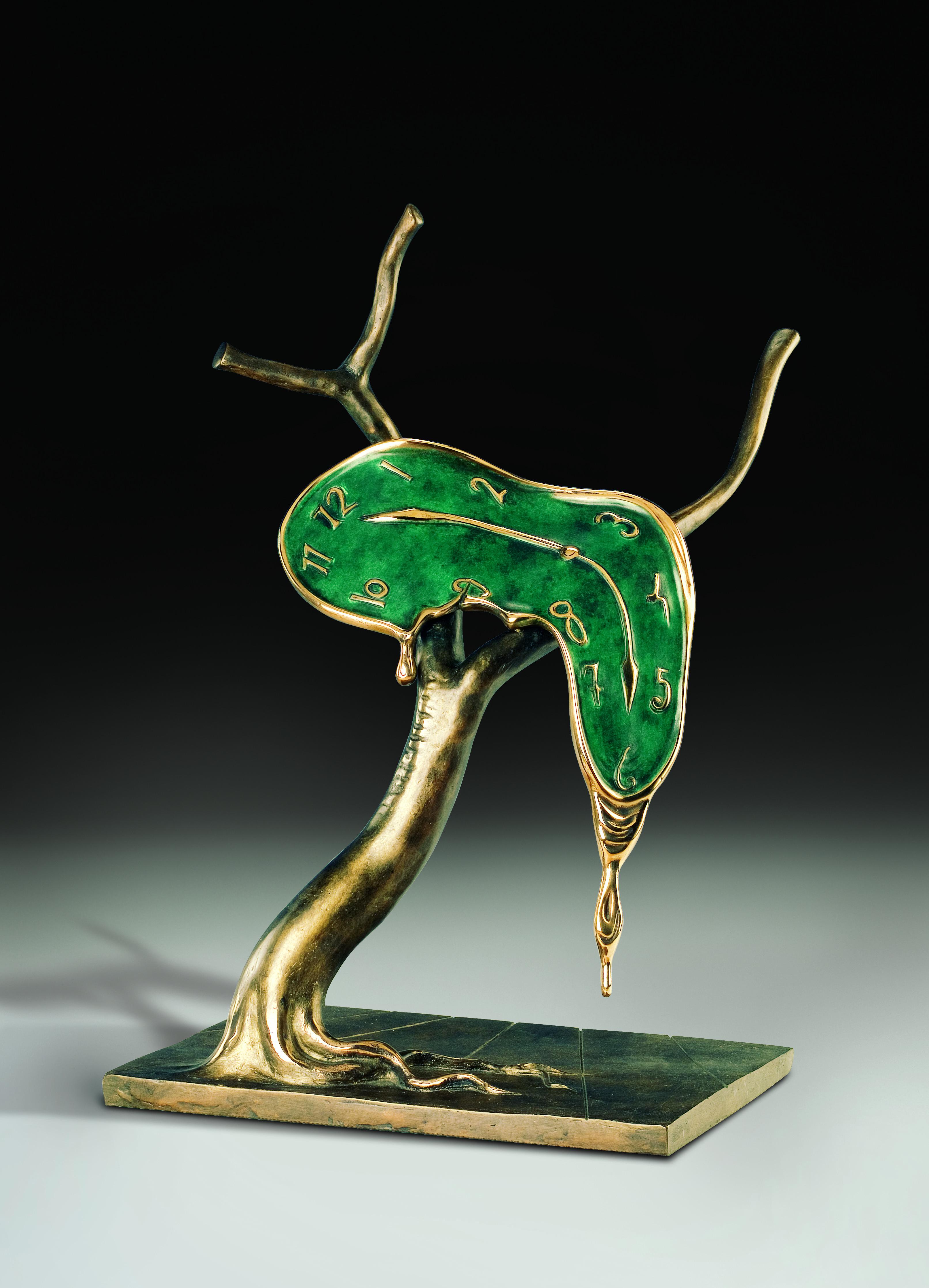 Salvador Dalí Figurative Sculpture - "Profile of Time" limited edition bronze table sculpture soft pocket watch green