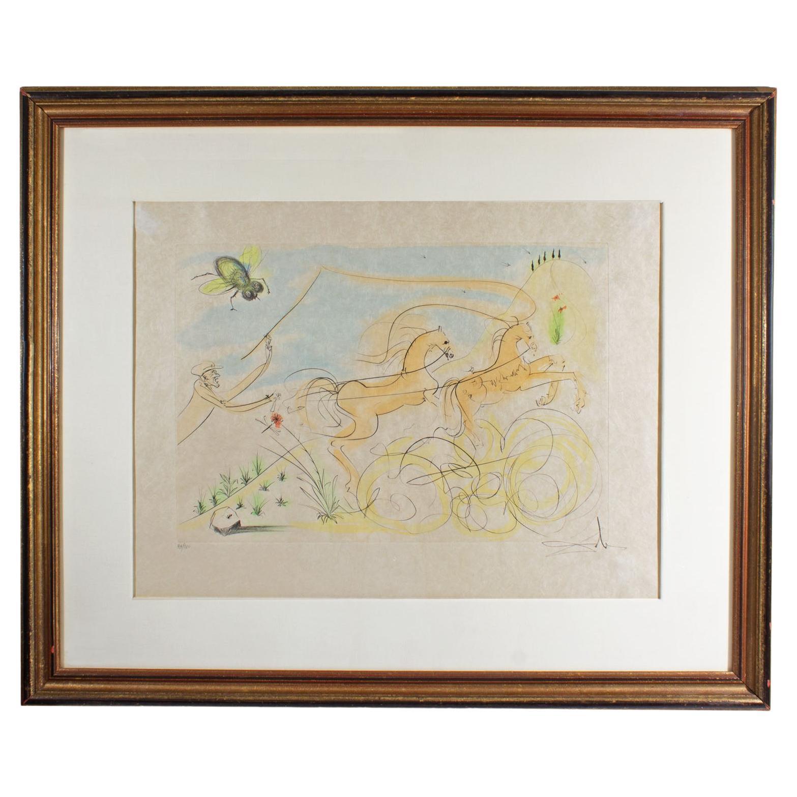 Salvador Dali Signed 1974 “The Coach and the Fly” Drypoint Etching with Pochoir 