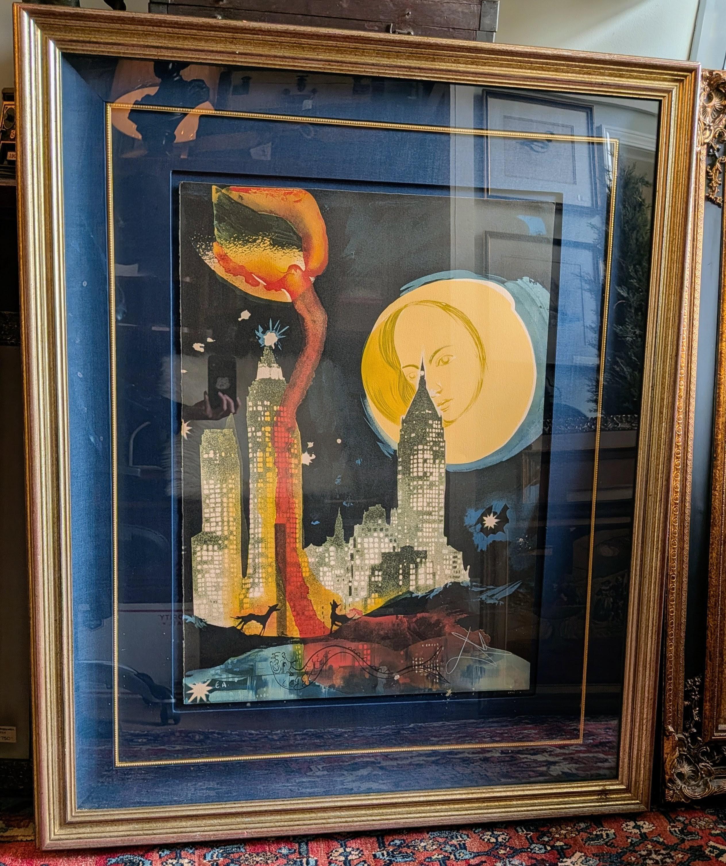 Salvador Dali Signé EA Artist Proof Lithographie Manhattan Skyline Encadrée 1976 État moyen - En vente à Greer, SC