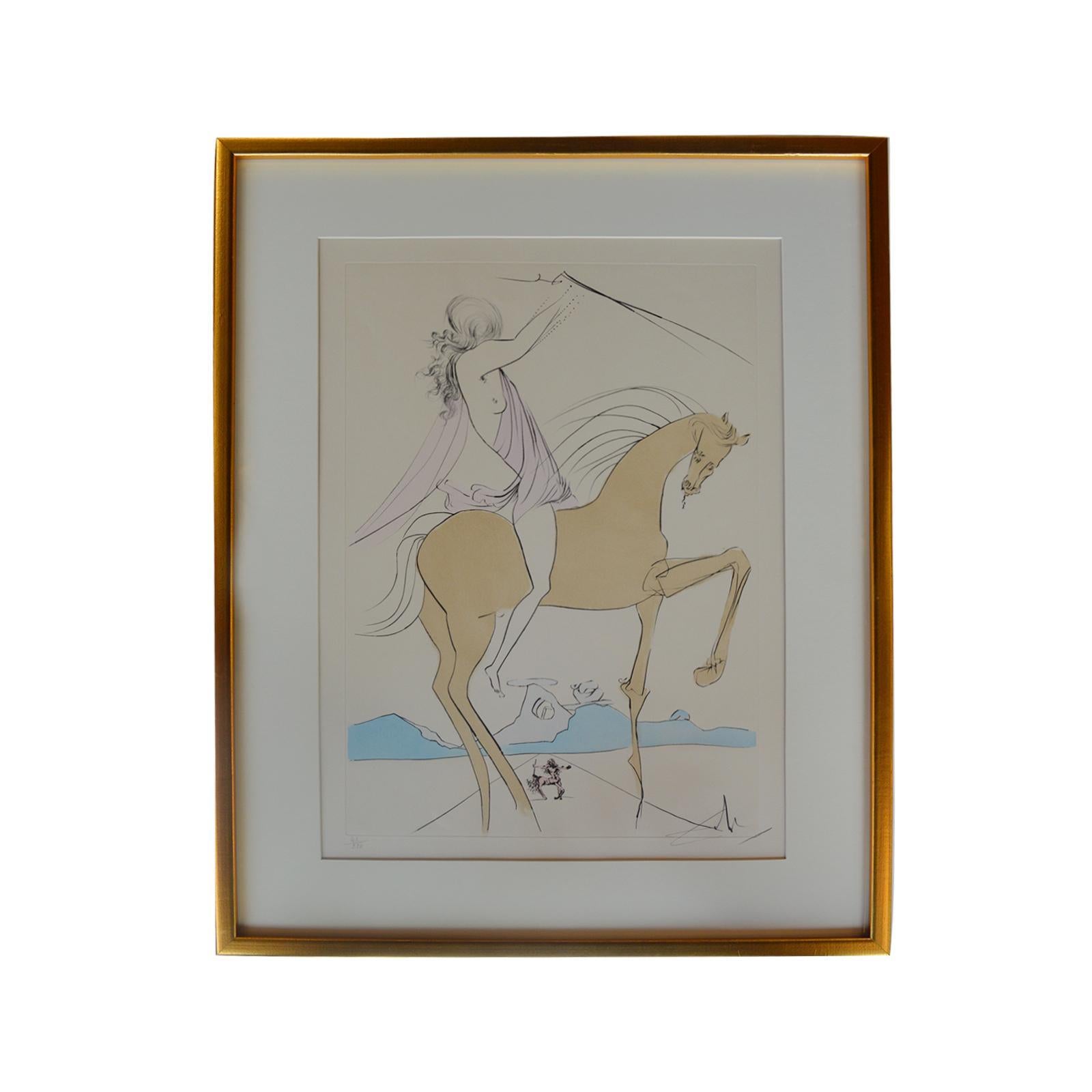 Pair of Salvador Dali (spanish 1904-1984) Two etchings on papers “Amazon” and “Cavalier a la rose”
Each depicting surrealist image on horseback, both signed lower right and edition number 42-220.