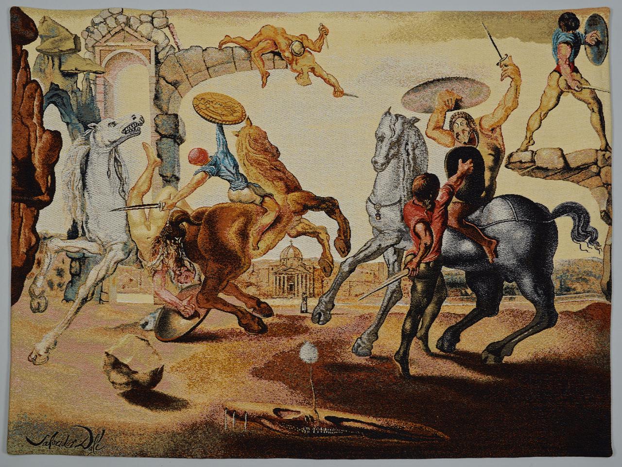 Salvador Dali, 1904-1989 tapestry “Battle Around A Dandelion”. Published in France by DEMART PRO ARTE 1988. #247 of 600. It is already framed and matted to 66 x 54 inches. A “Certificate of Authenticity” will accompany this work.

The intricately
