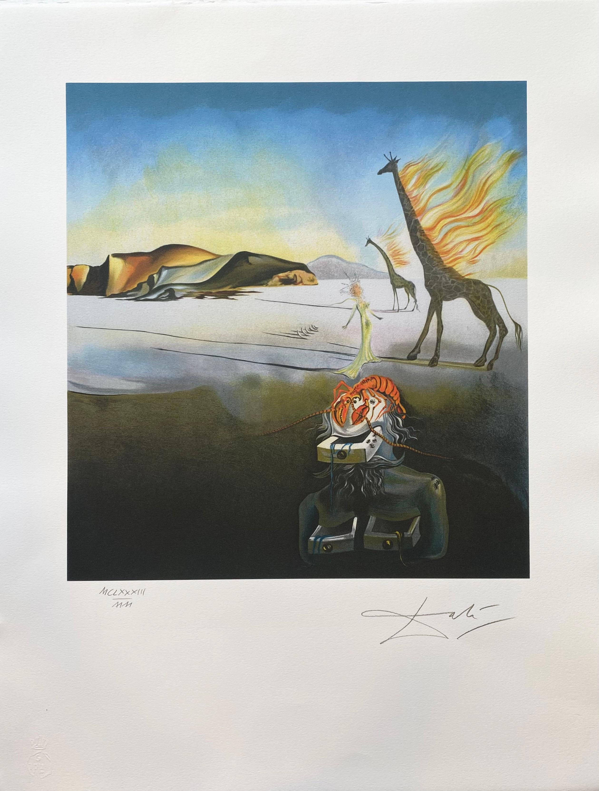 Salvador Dali - The Flaming Giraffe.
Lithograph 
Signed in the plate and numbered 
Numbered on 2000 (MCLXXXIII) 
Size : 50x66cm
390€