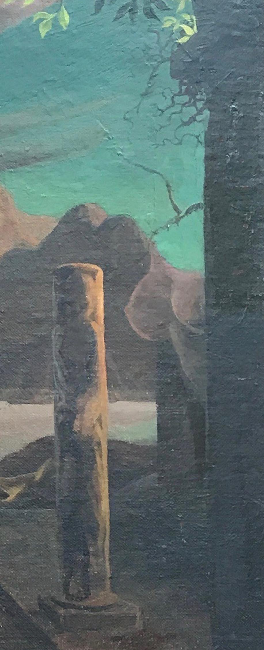 Figures dans un paysage surréaliste avec visages cachés, femme nue, architecture 1951 - Surréalisme Painting par Salvador De Regil