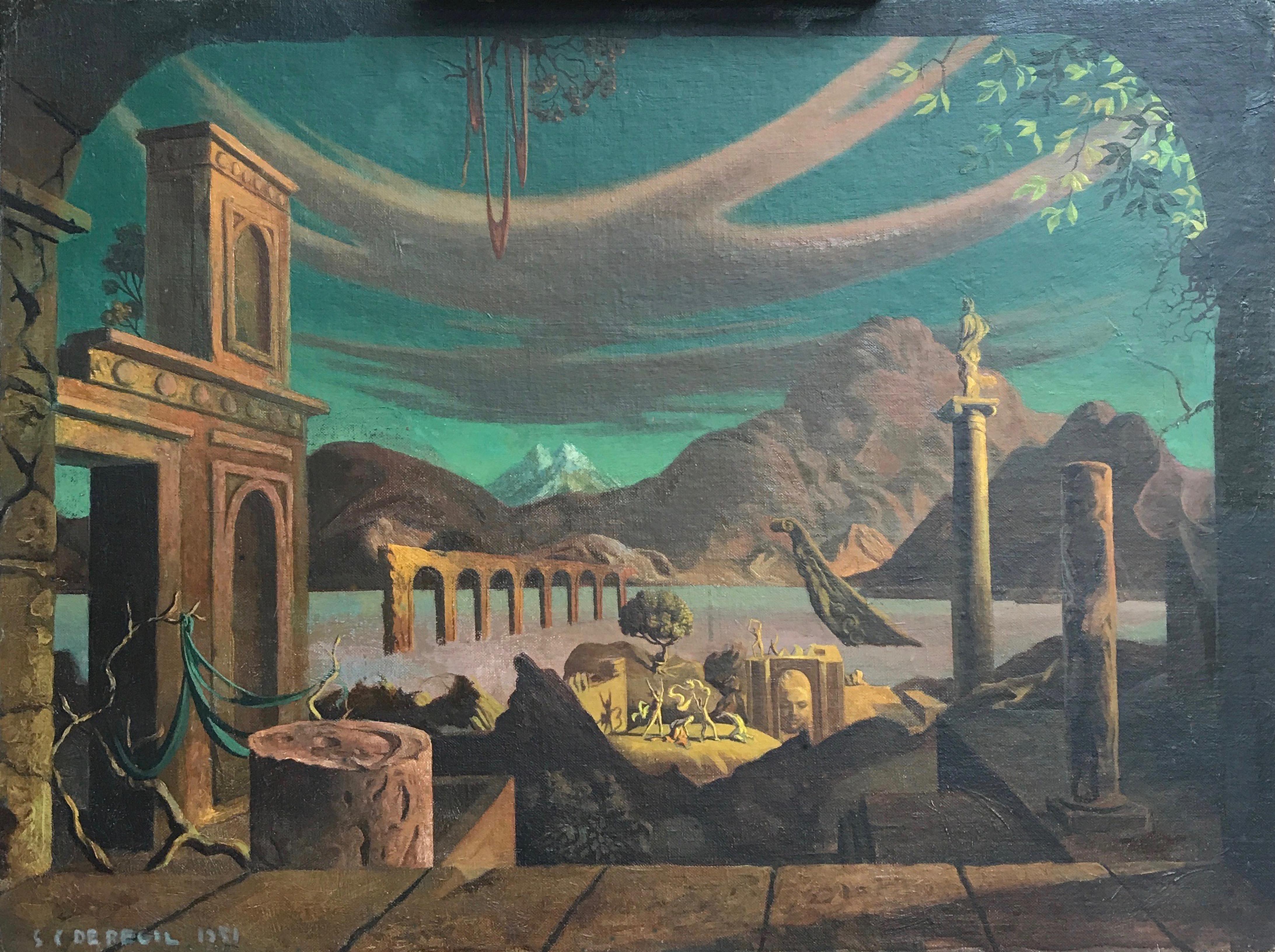 Salvador De Regil Landscape Painting – Figuren in surrealistischer Landschaft mit versteckten Gesichtern, nackte Frau, Architektur 1951