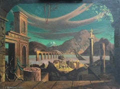 Vintage Figures in Surrealist Landscape w Hidden Faces, Nude Woman, Architecture 1951