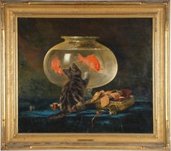 Antique French Canadian Realist Cat and Goldfish Portrait Interior Oil Painting