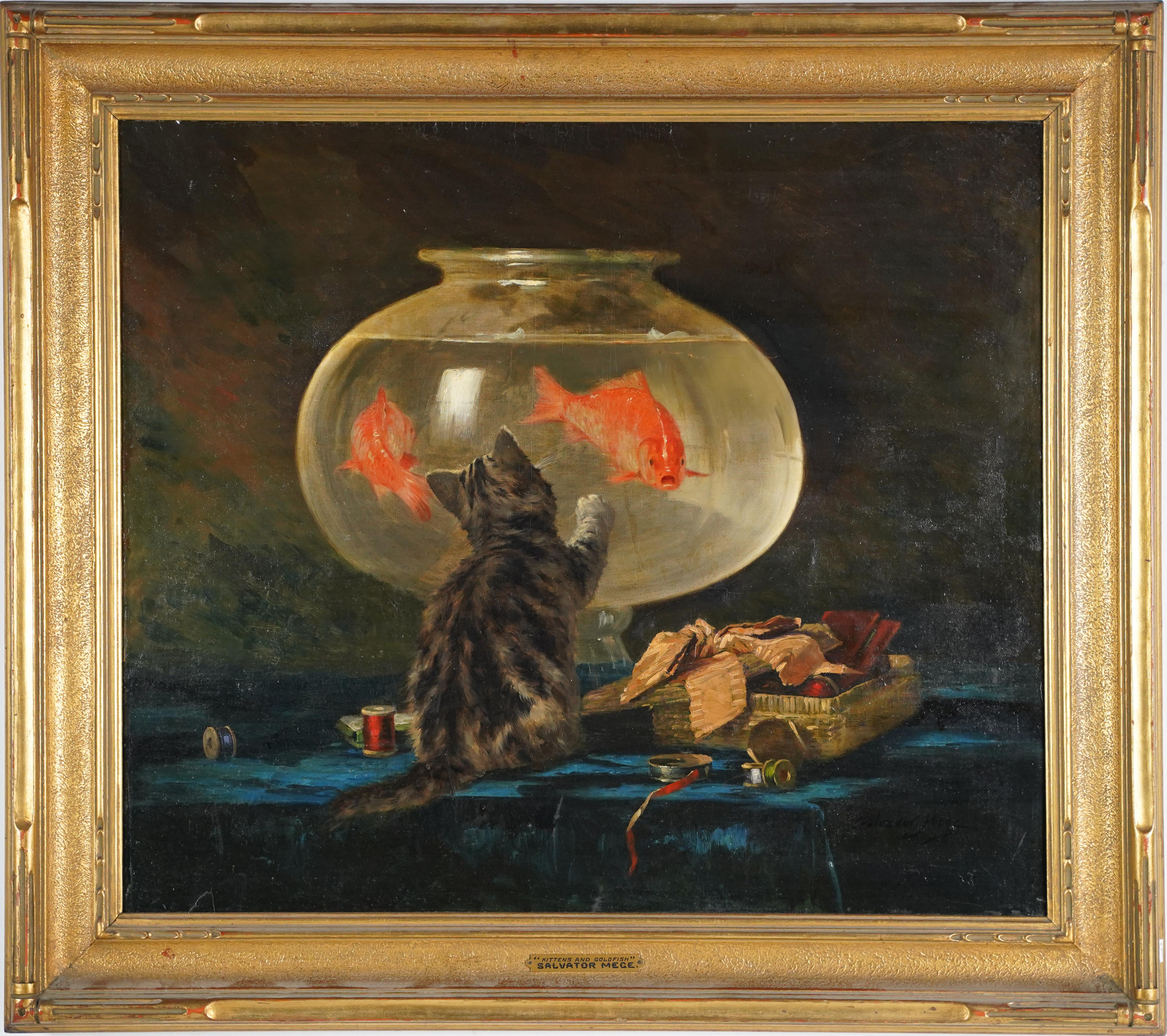 Salvador Mege  Interior Painting - Antique French Canadian Realist Cat and Goldfish Portrait Interior Oil Painting
