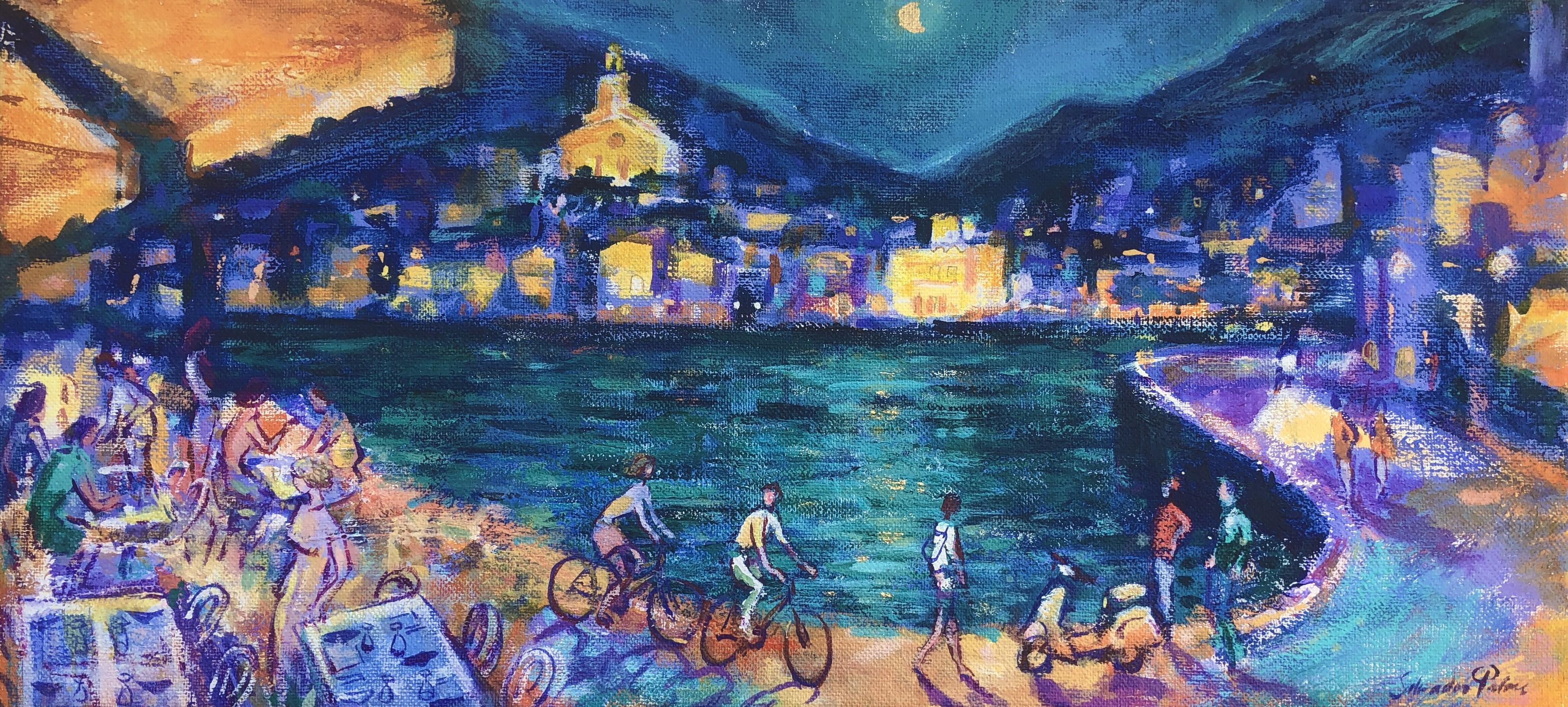 Salvador Palou Landscape Painting – Cadaqués nächtliche Öl auf Sackleinen Gemälde Spanien Seelandschaft spanisch