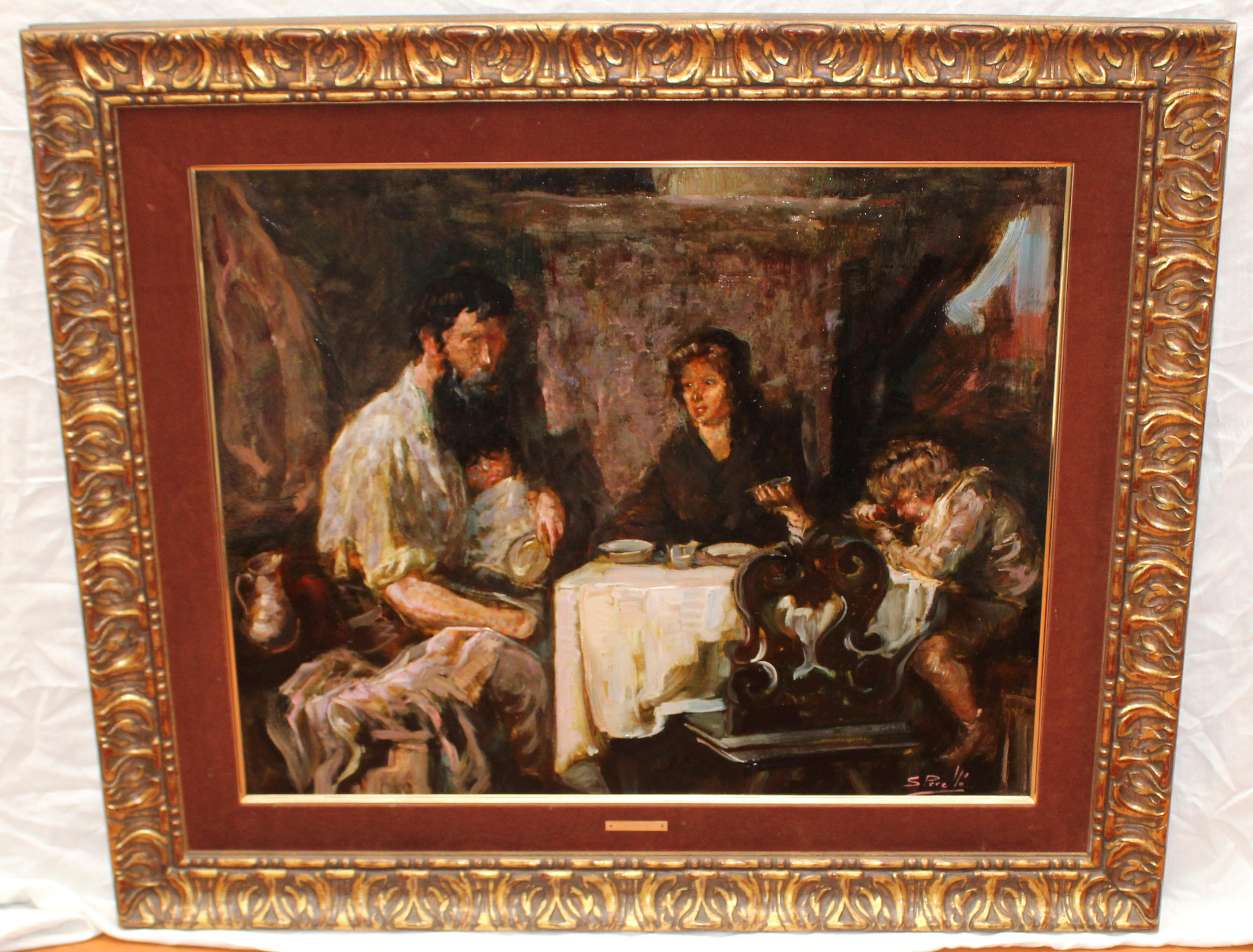 Family Scene Oil Painting on Canvas, Framed, Signed, Late 20th Century