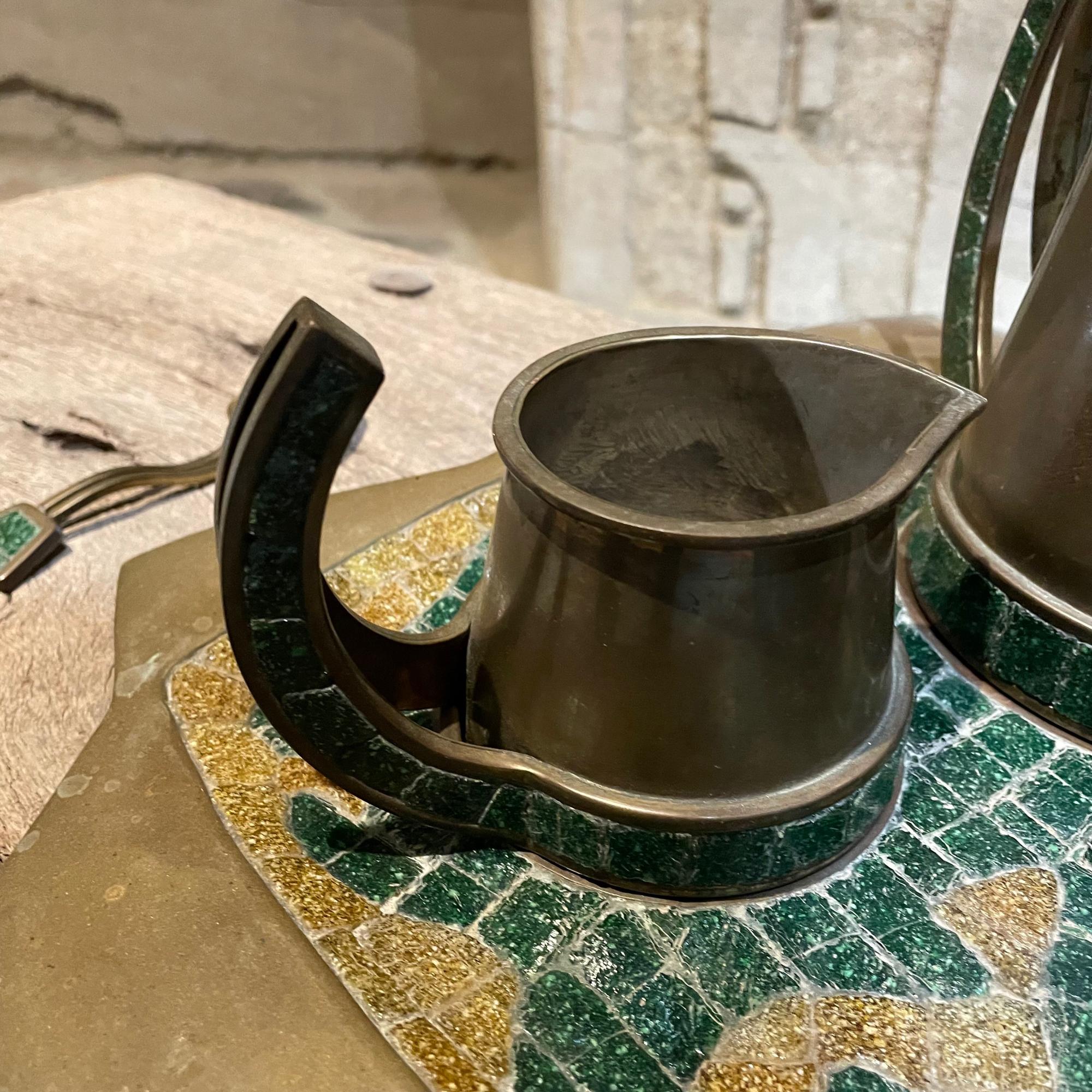Mid-Century Modern Salvador Teran 5 Piece Tea Coffee Service Set Brass & Mosaic Stone 1960s Mexico
