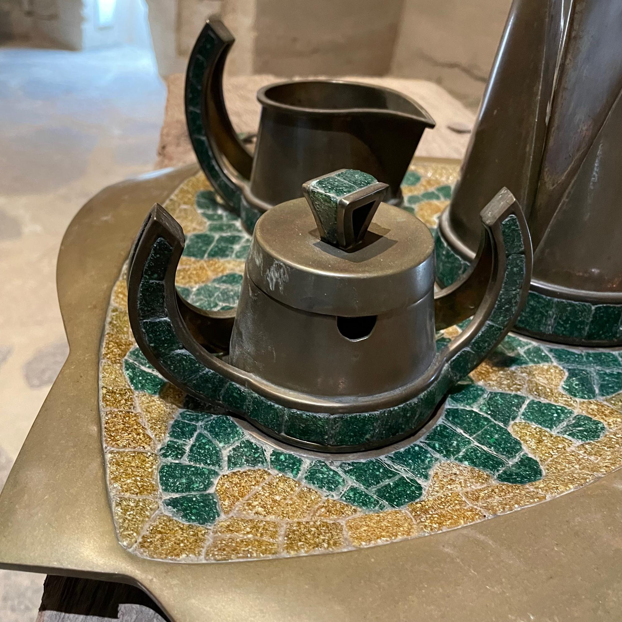 Mexican Salvador Teran 5 Piece Tea Coffee Service Set Brass & Mosaic Stone 1960s Mexico
