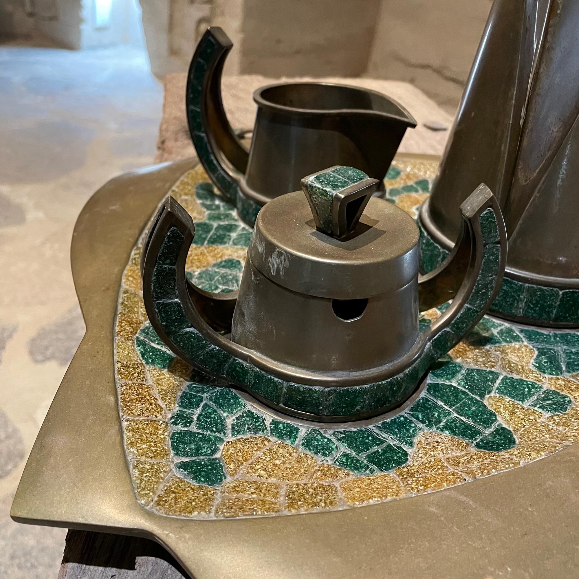 Salvador Teran 5 Piece Tea Coffee Service Set Brass & Mosaic Stone 1960s Mexico In Good Condition In Chula Vista, CA