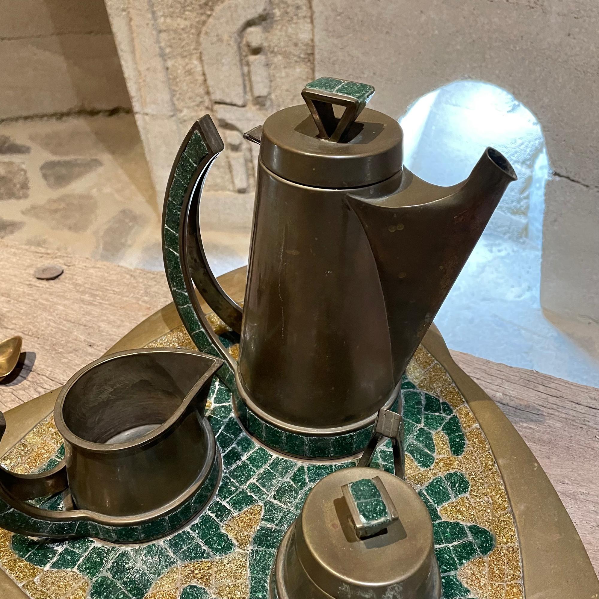 Mid-20th Century Salvador Teran 5 Piece Tea Coffee Service Set Brass & Mosaic Stone 1960s Mexico