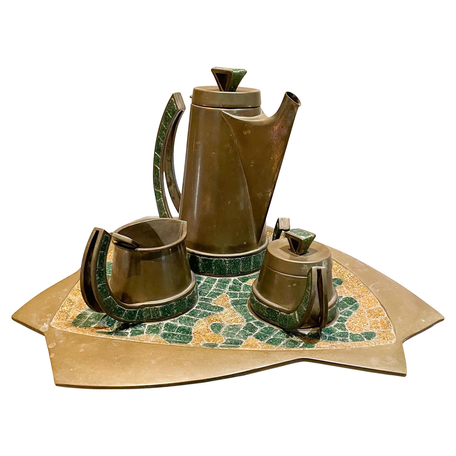 Salvador Teran 5 Piece Tea Coffee Service Set Brass & Mosaic Stone 1960s Mexico