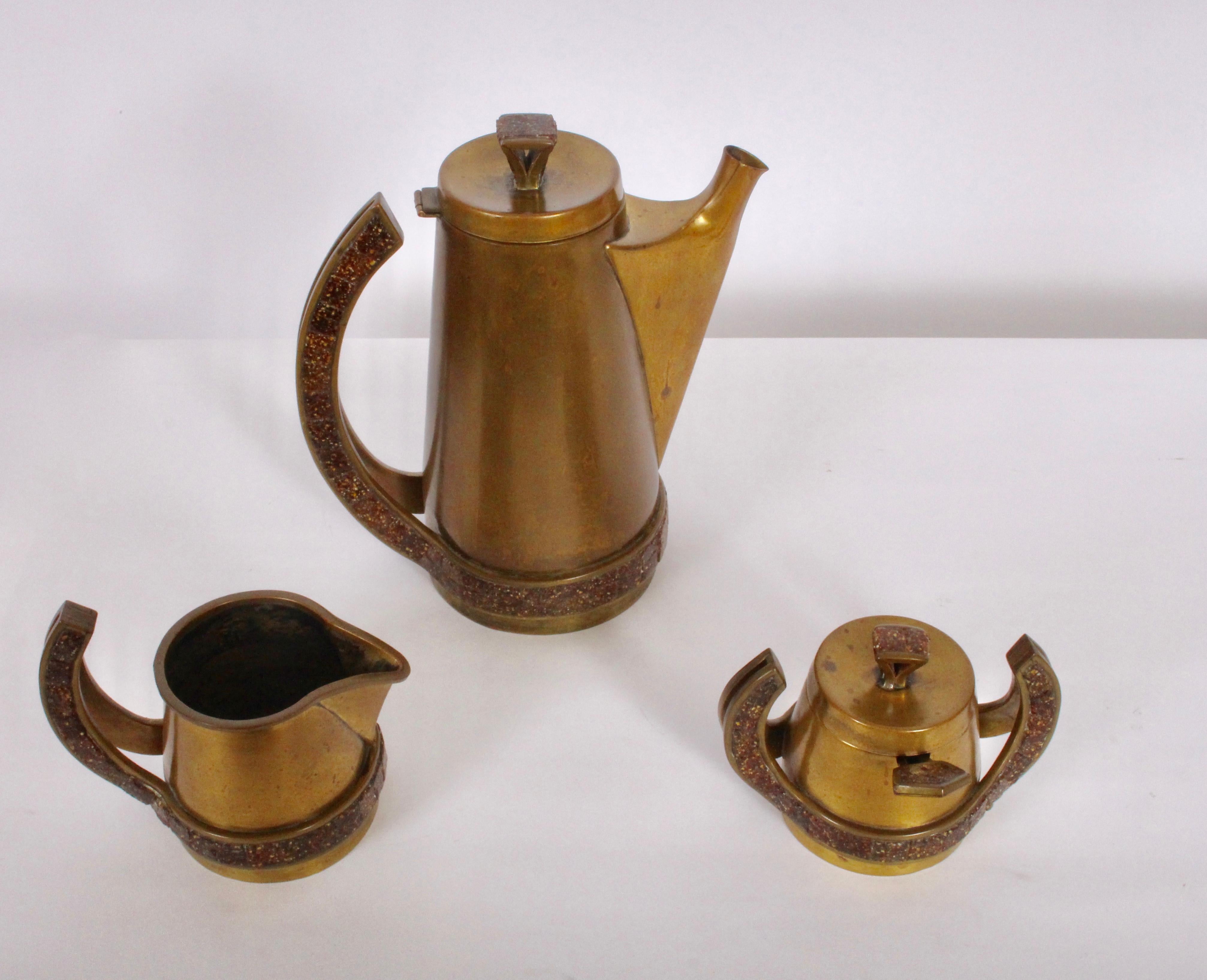 Mid-Century Modern Salvador Teran Brass & Copper Terrazzo Seven Piece Tea Service, 1950s For Sale