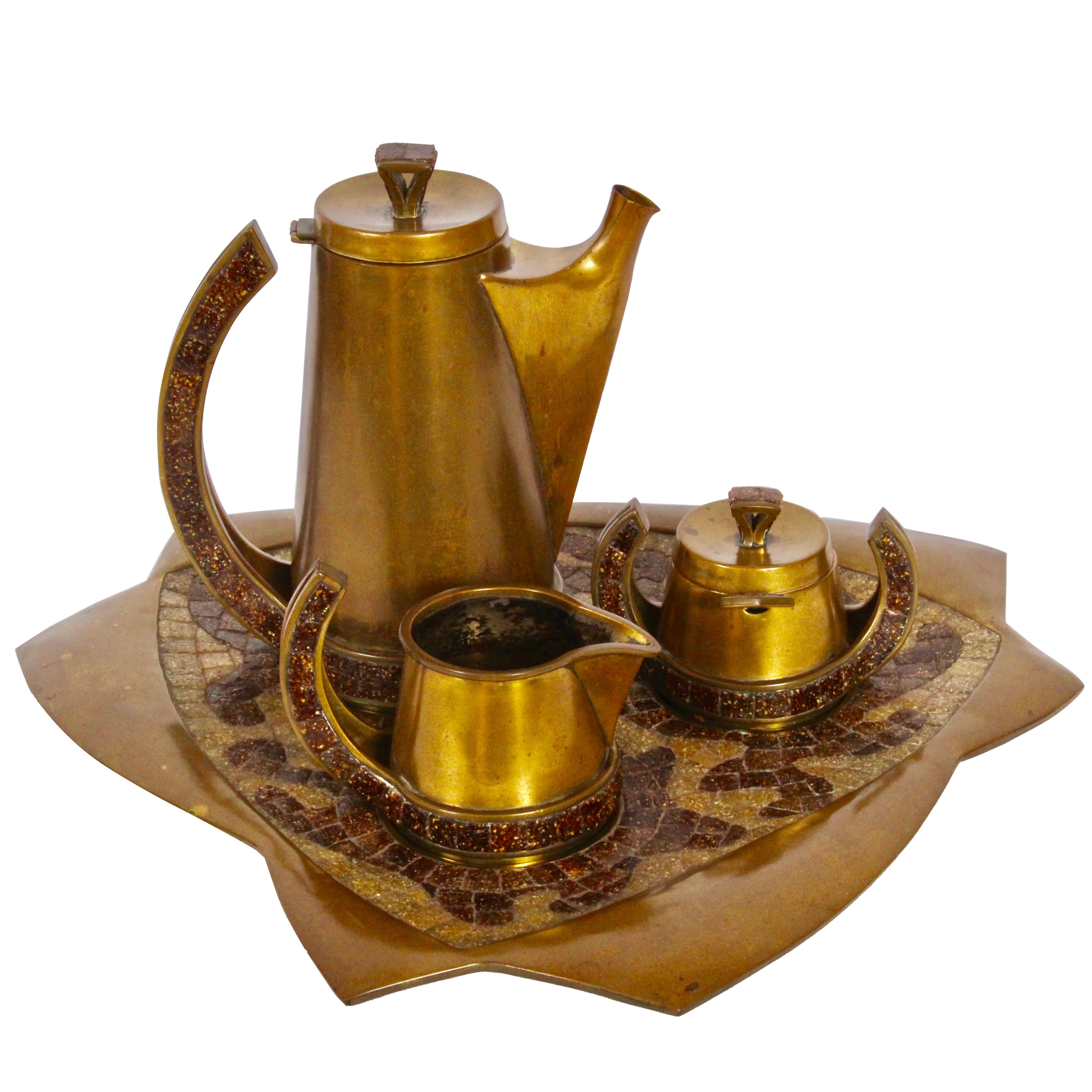 Salvador Teran Copper Toned Brass & Terrazzo Tile 7 Piece Tea Service, 1950s