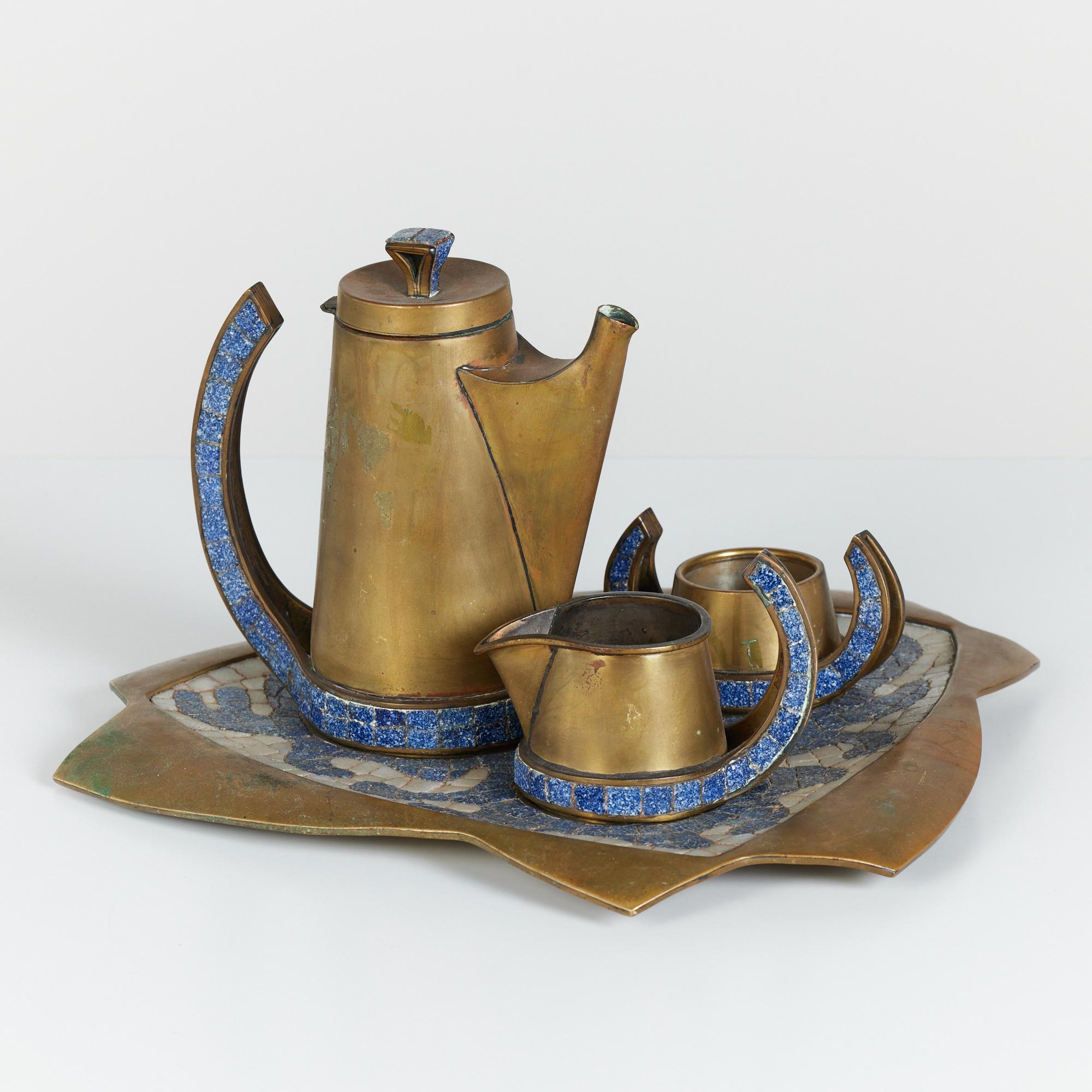 Mid-Century Modern Salvador Teran Brass and Mosaic Tile Tea Service Set