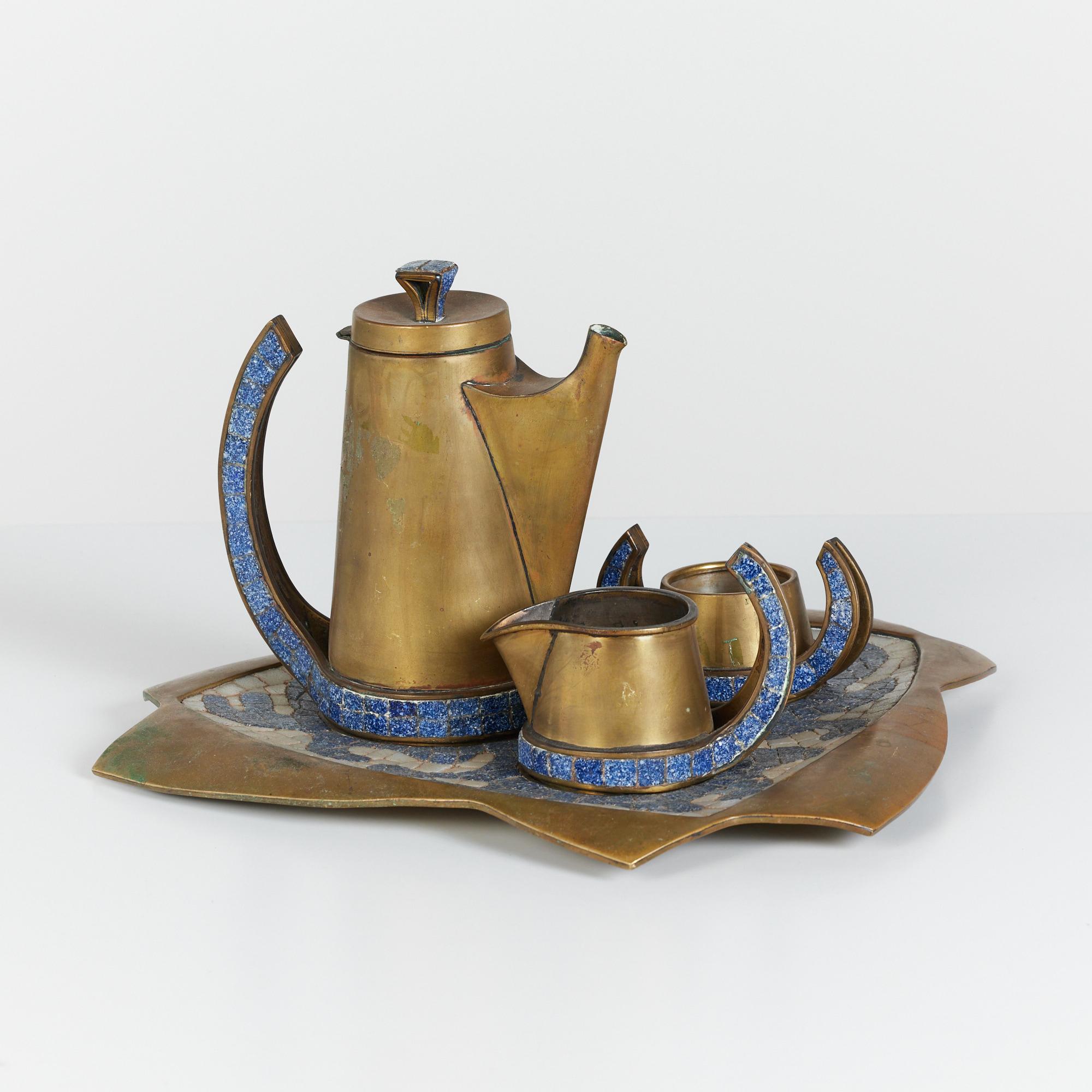 Mexican Salvador Teran Brass and Mosaic Tile Tea Service Set