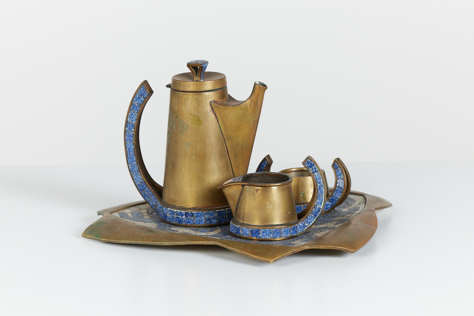 Salvador Teran Brass and Mosaic Tile Tea Service Set In Excellent Condition In Los Angeles, CA