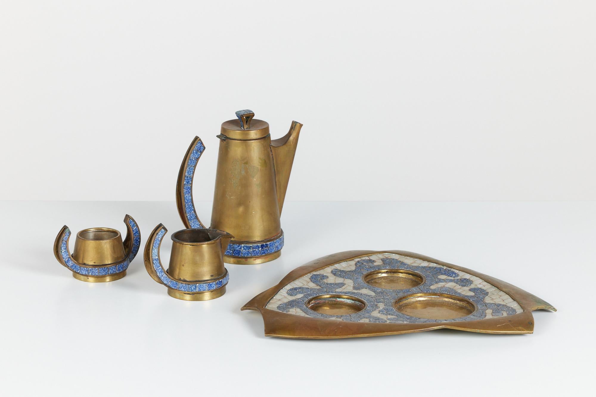 20th Century Salvador Teran Brass and Mosaic Tile Tea Service Set