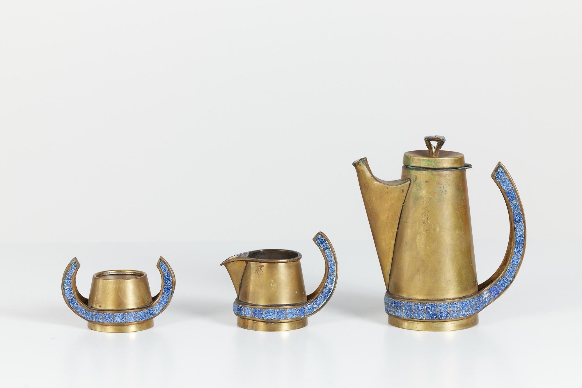 Salvador Teran Brass and Mosaic Tile Tea Service Set 1