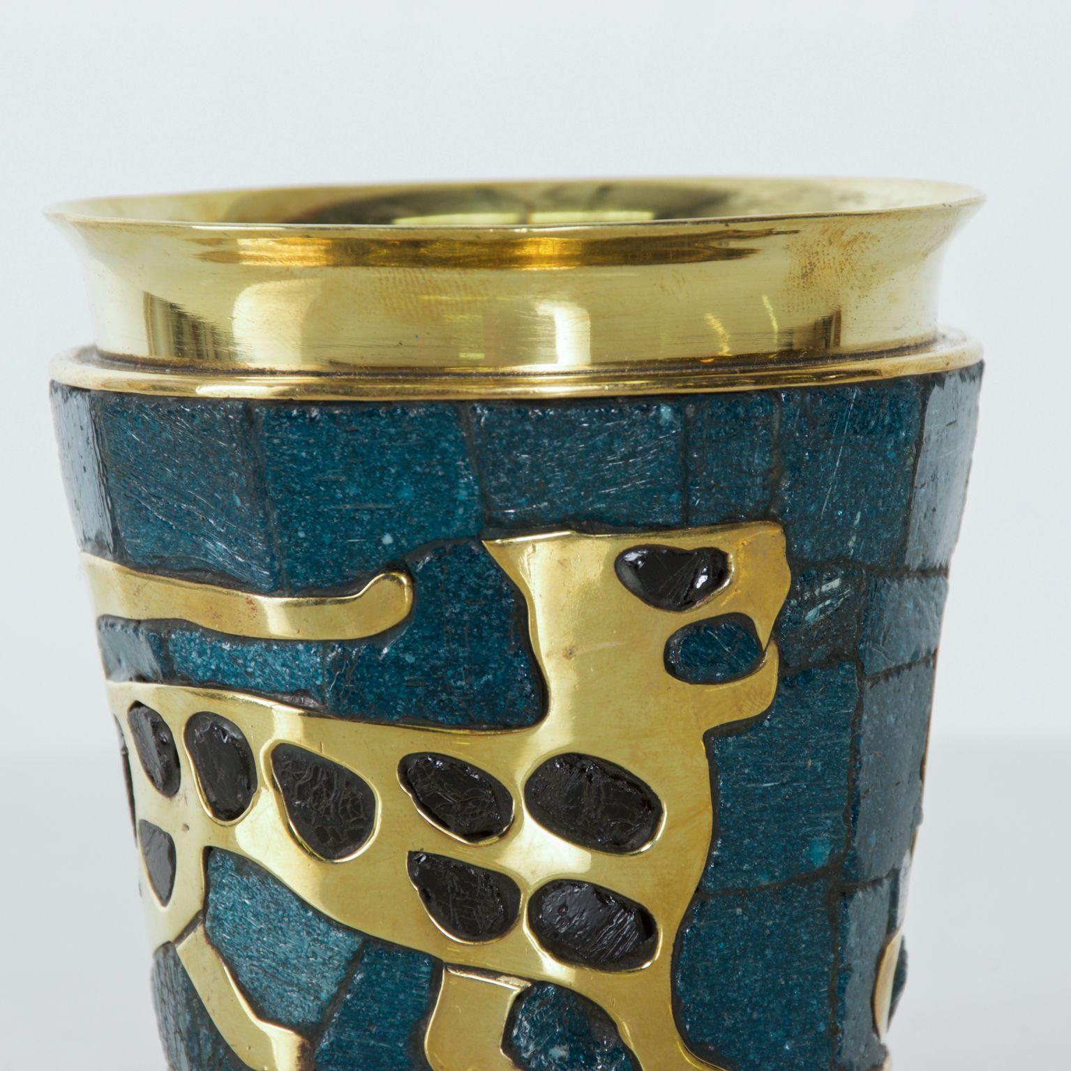 Mid-20th Century Salvador Teran Brass Malachite Mosaic Tumbler 1960s William Spratling Mexico
