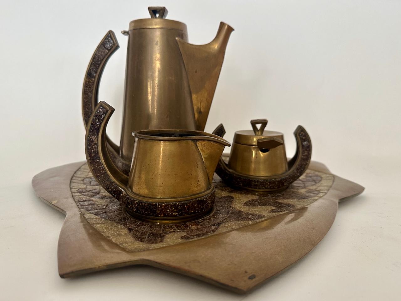 Salvador Teran Copper Toned Brass & Terrazzo Tile 7 Piece Tea Service, 1950s For Sale 14