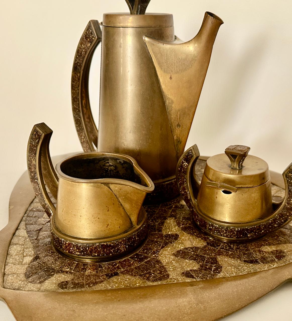 Mexican Salvador Teran Copper Toned Brass & Terrazzo Tile 7 Piece Tea Service, 1950s For Sale
