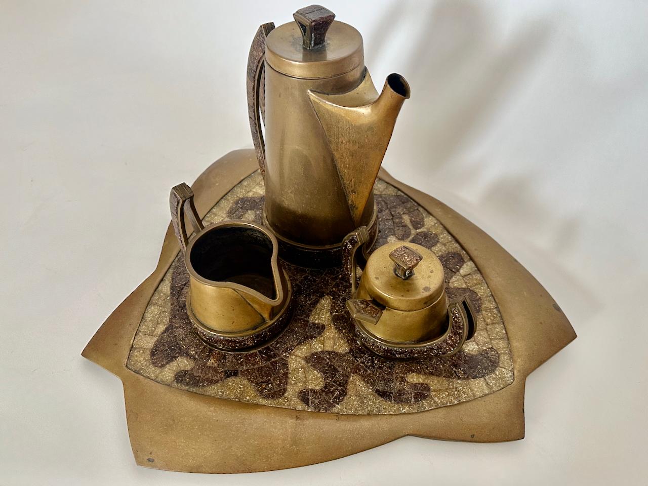 Salvador Teran Copper Toned Brass & Terrazzo Tile 7 Piece Tea Service, 1950s In Good Condition For Sale In Bainbridge, NY