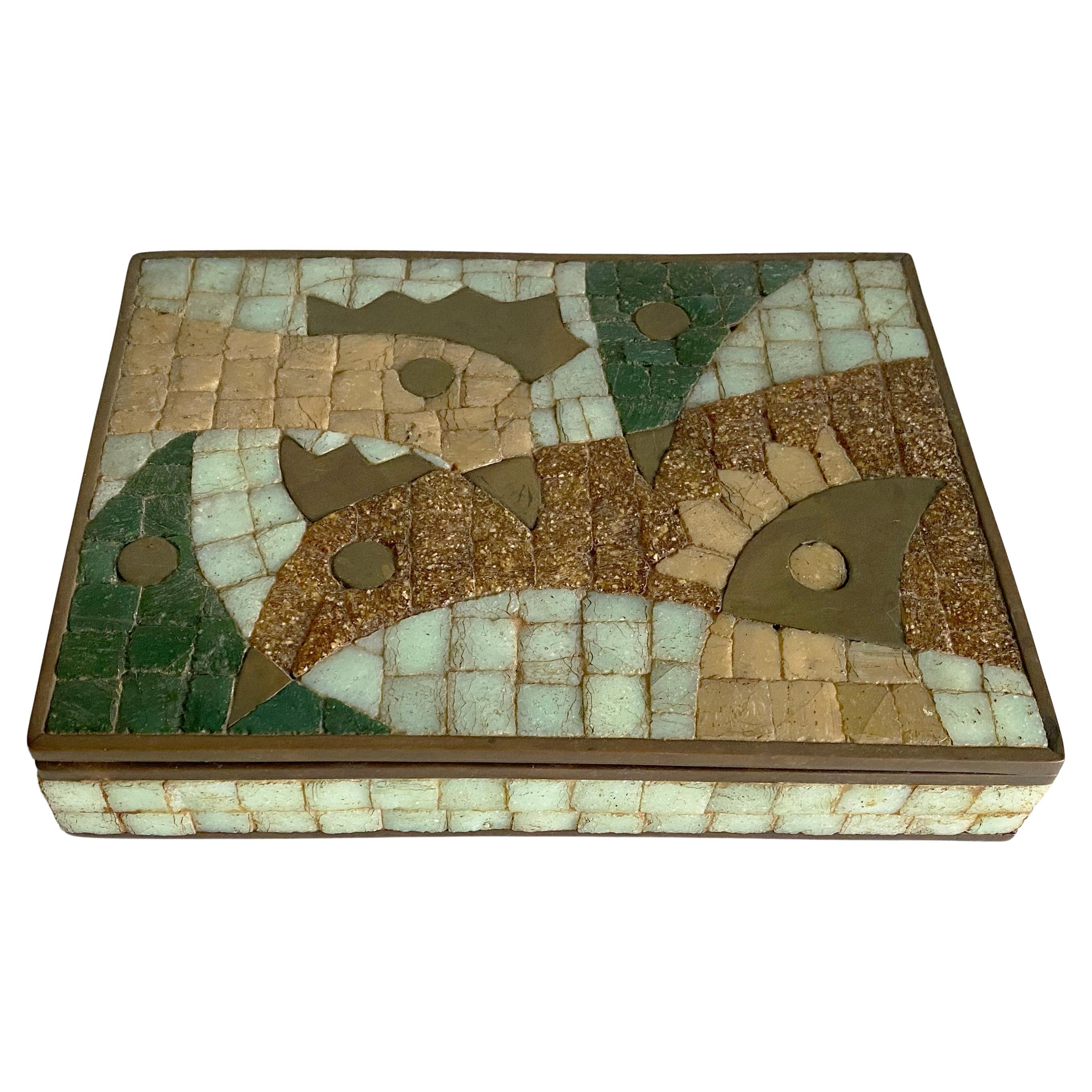 Salvador Teran Hand Wrought Mexican Brass
Mosaic Box, Chicken Motif, 1950s