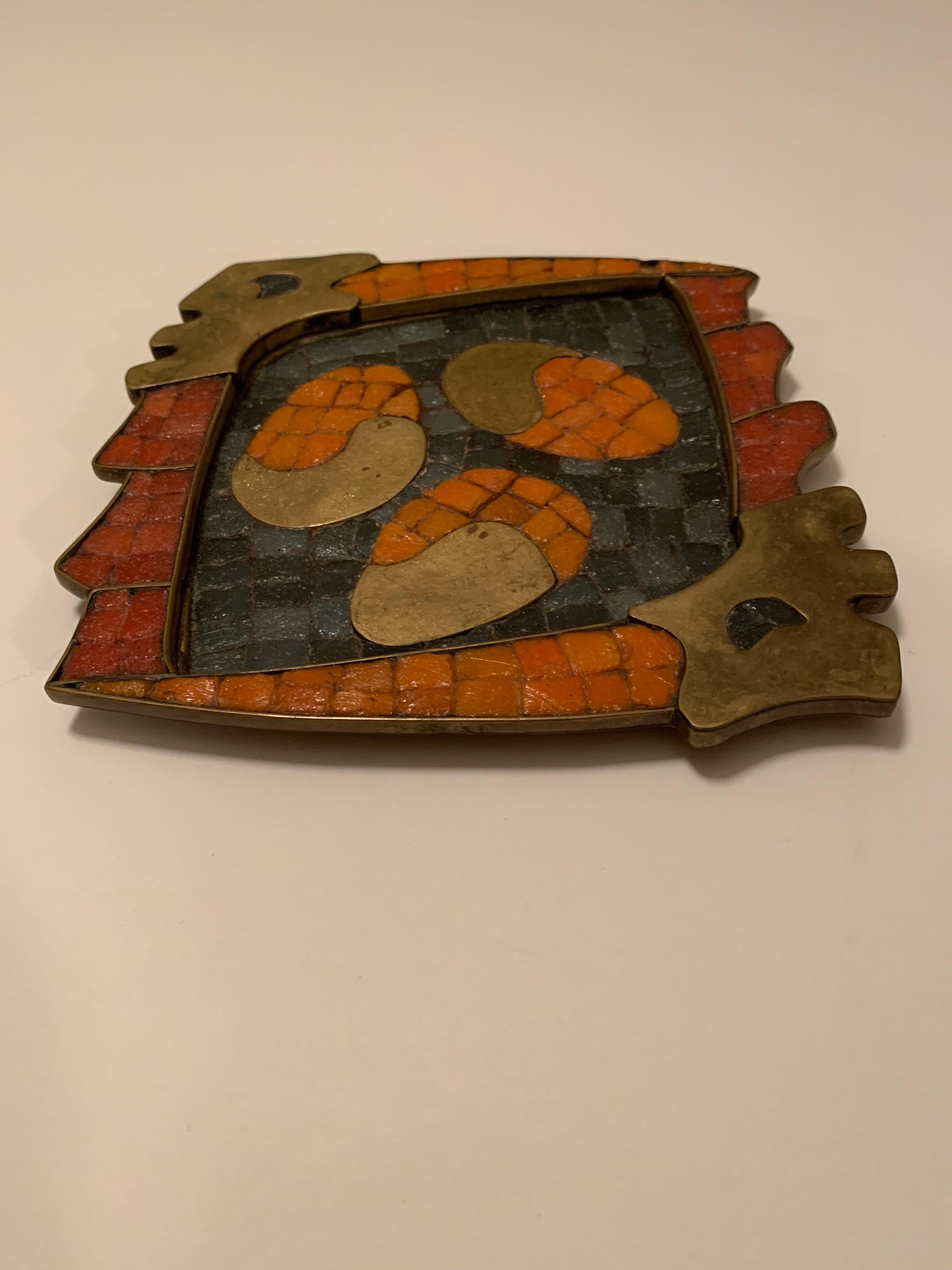 Mid-Century Modern Salvador Teran Mexican Brass & Inlaid Stone Dish / Vide Poche For Sale