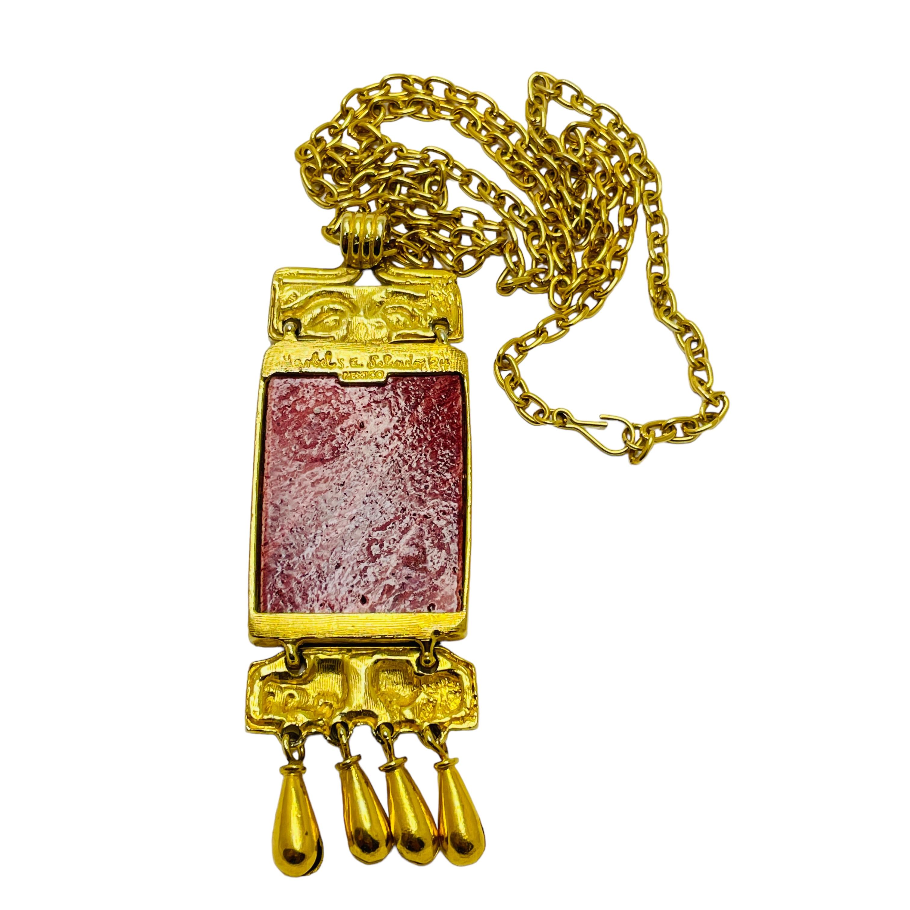 SALVADOR TERAN MARBEL gold plated aztec face mask designer necklace In Good Condition For Sale In Palos Hills, IL