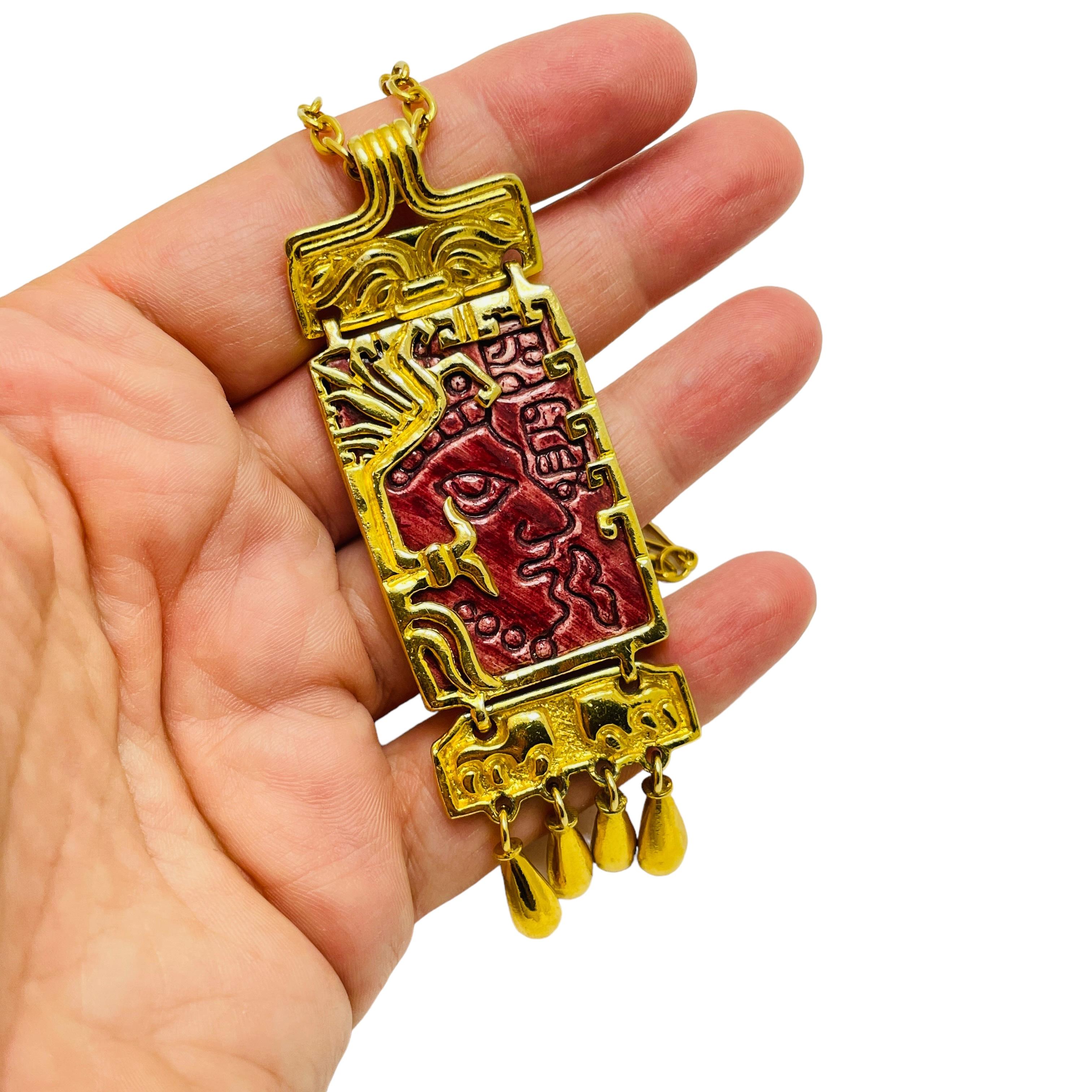 SALVADOR TERAN MARBEL gold plated aztec face mask designer necklace For Sale 1