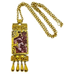 SALVADOR TERAN MARBEL gold plated aztec face mask designer necklace