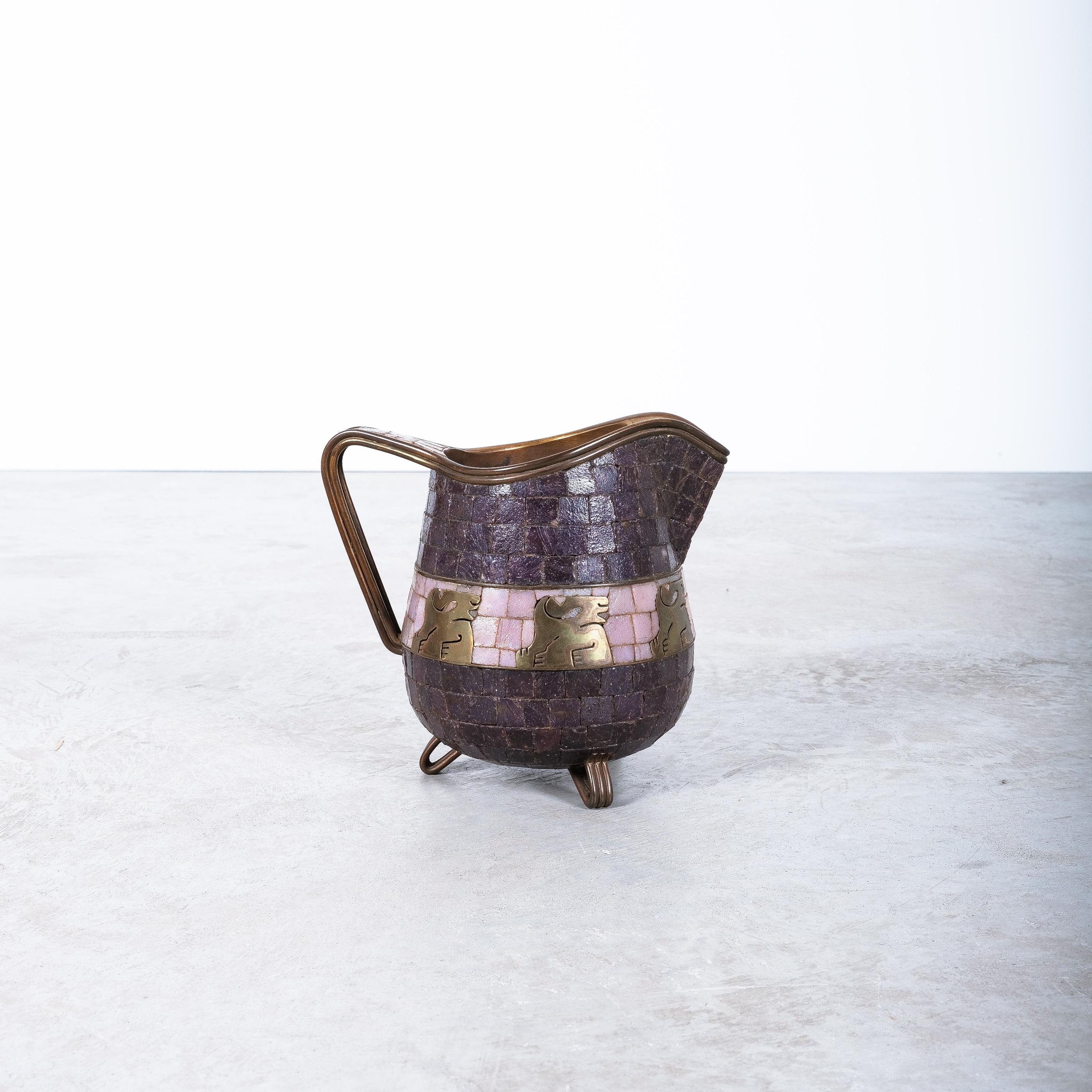 Mid-Century Modern Salvador Teran Midcentury Mexican Modernist Brass Stone Pitcher, Mexico 1960 For Sale