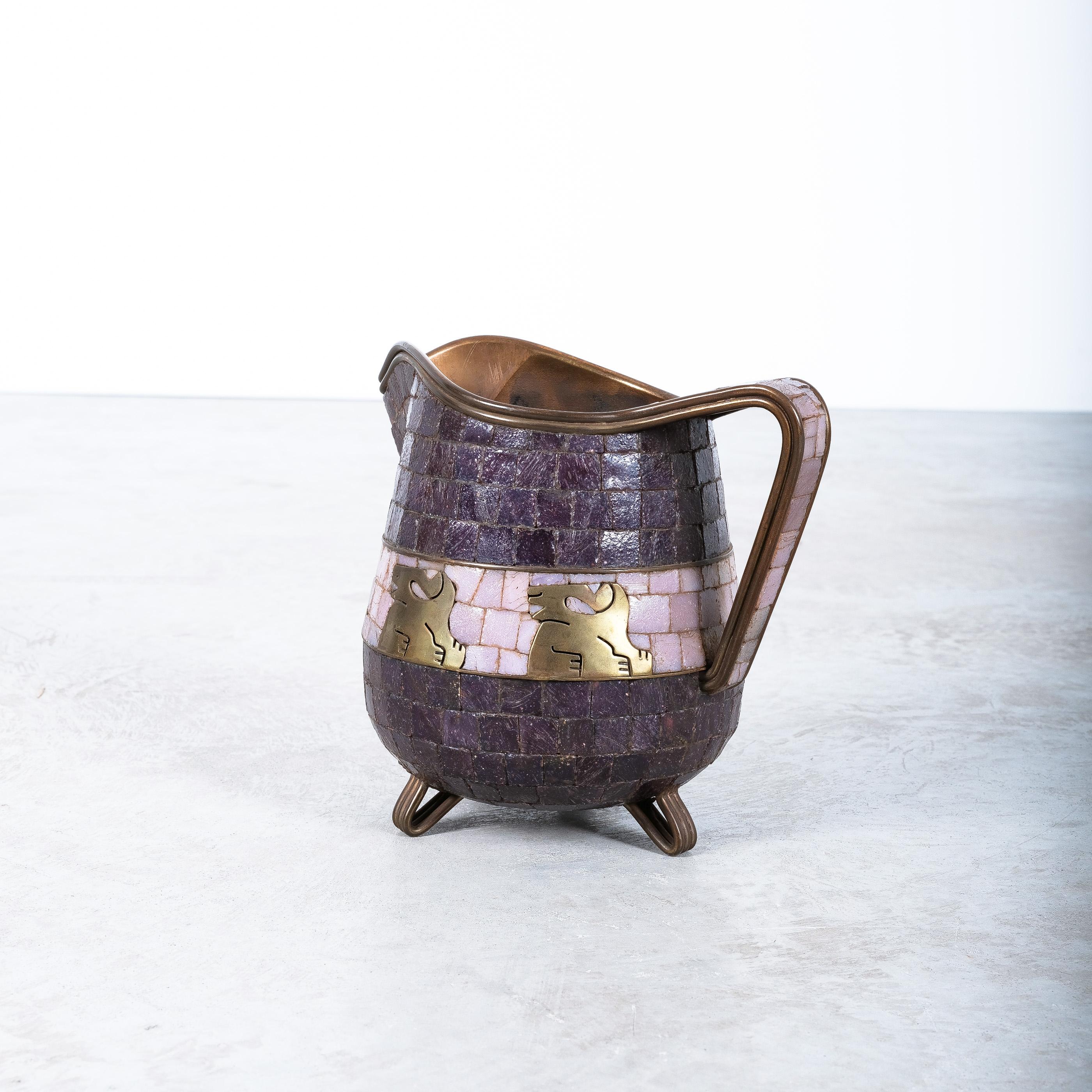 Mid-20th Century Salvador Teran Midcentury Mexican Modernist Brass Stone Pitcher, Mexico 1960 For Sale