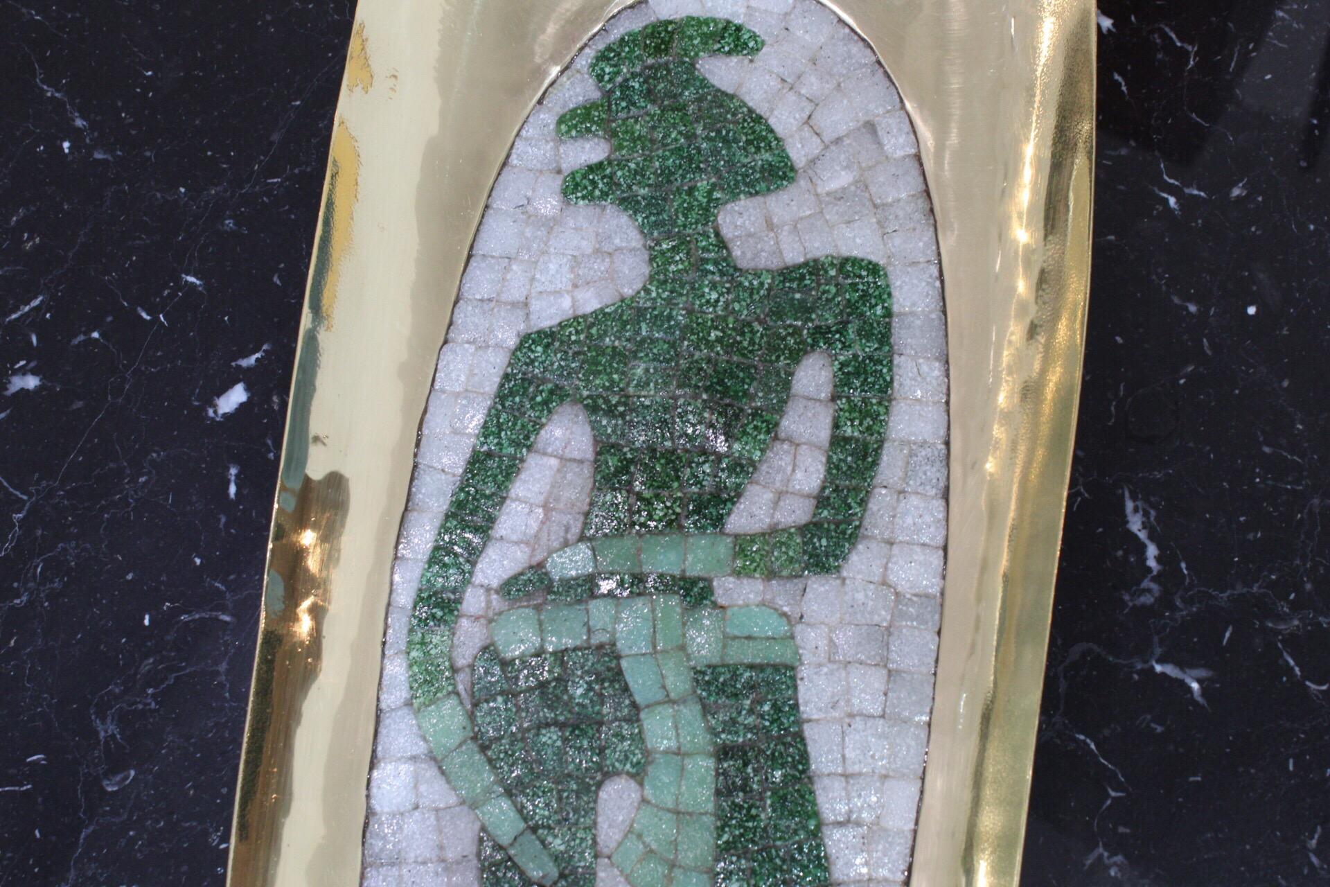 Salvador Teran mosaic and brass tray. Born in Taxco, Salvador Teran (1920-1974) trained with Spratling at Las Delicias, then from 1939 worked with his cousins Los Castillo at their taller before moving to Mexico City and setting up on his own there