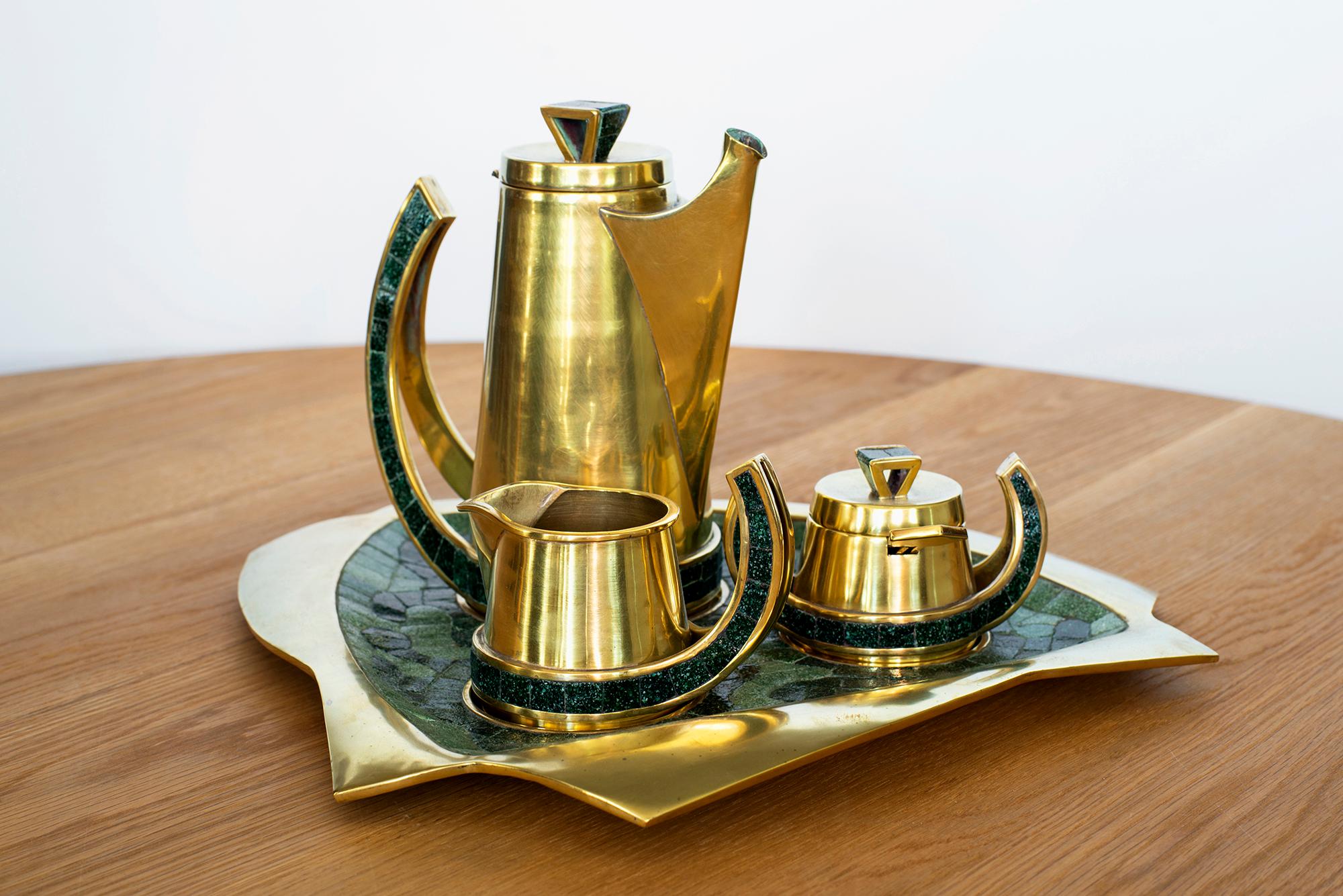 Salvador Terán Mosaic and Brass Coffee Service Set In Good Condition In Beverly Hills, CA