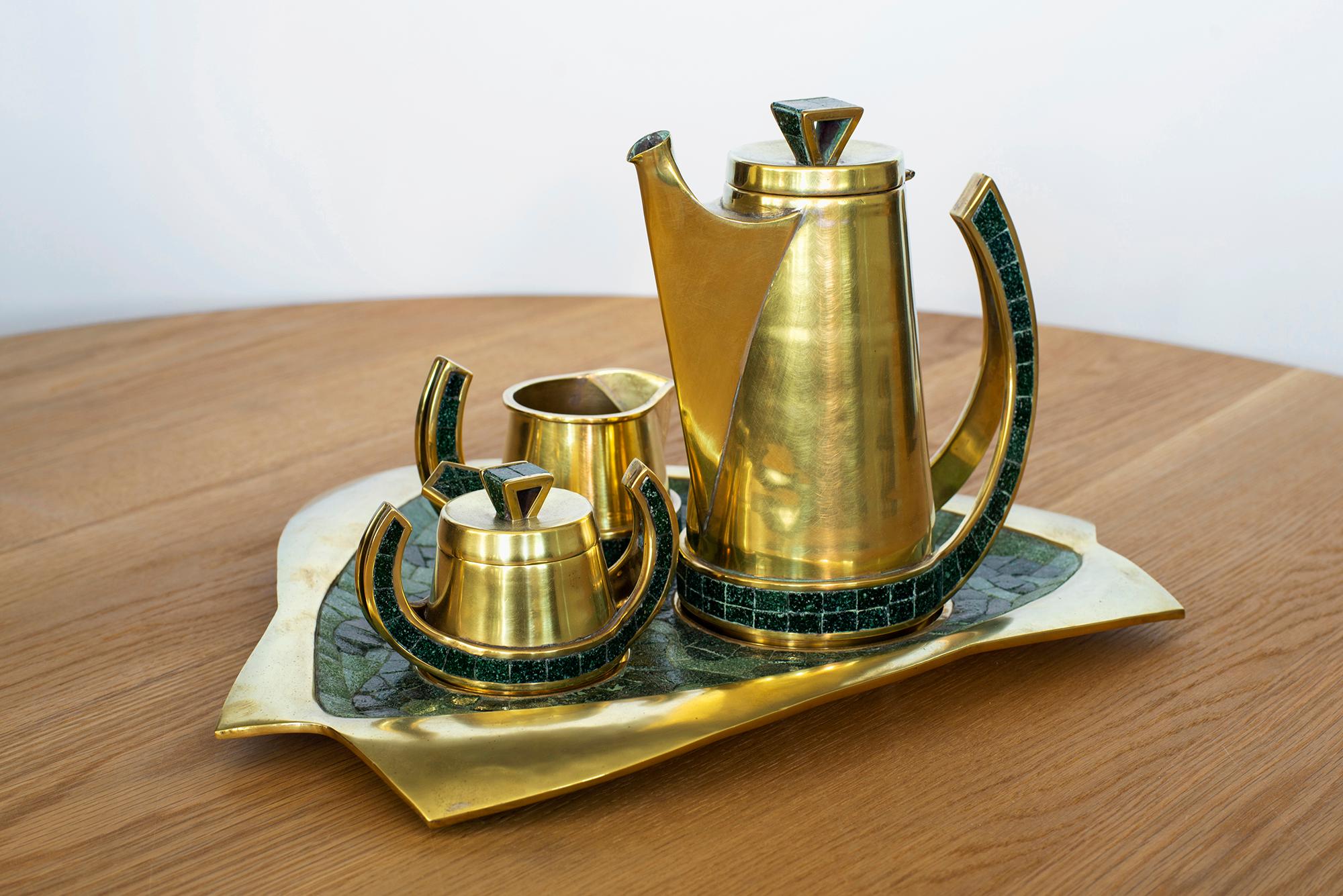 Mid-20th Century Salvador Terán Mosaic and Brass Coffee Service Set